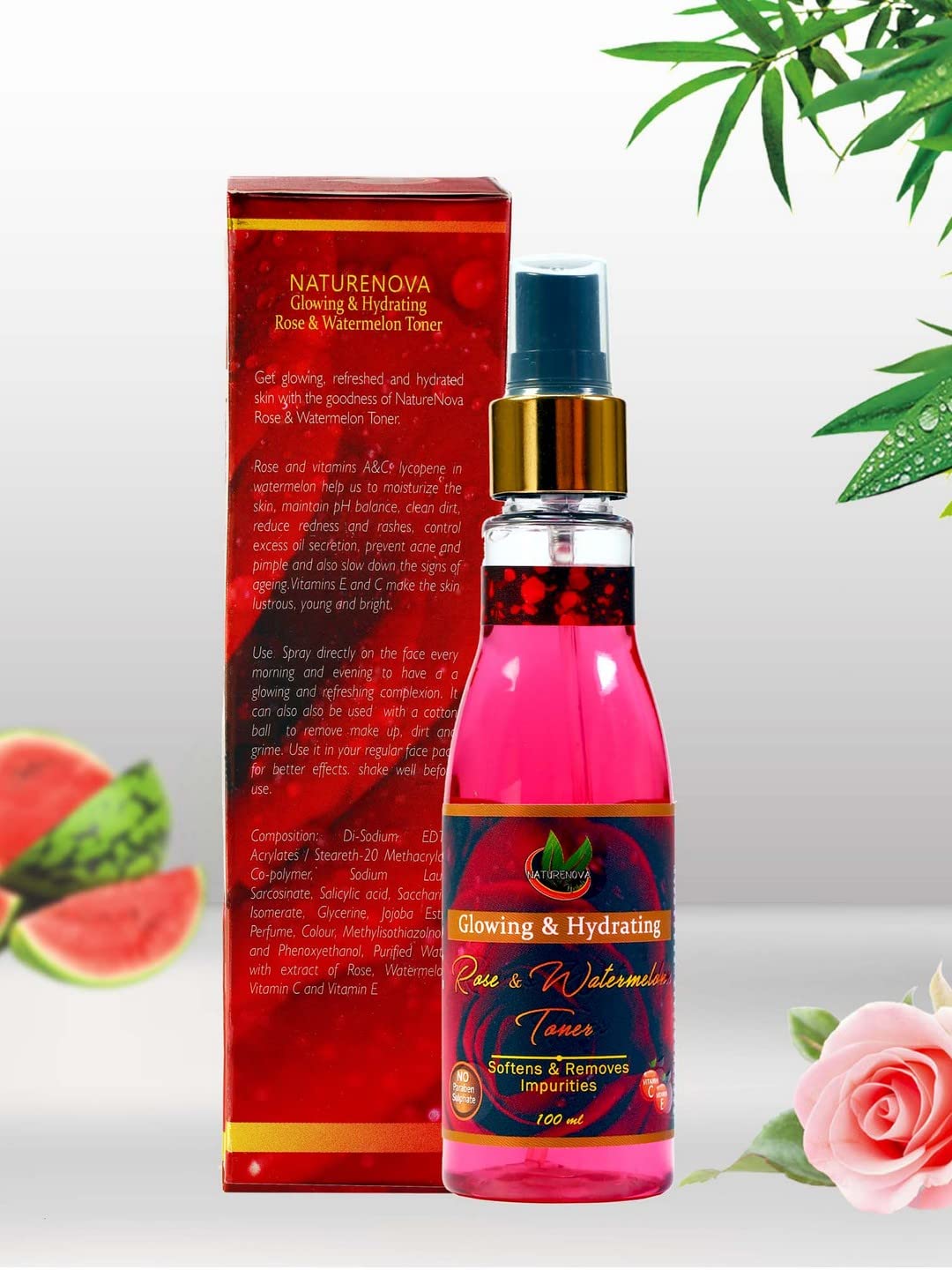 NatureNova Herbals Glowing & Hydrating Rose Watermelon Facial Toner - 100ml | Hydrating, Brightening & Soothing | Perfect for Dry, Dull Skin & Daily Skincare Routine