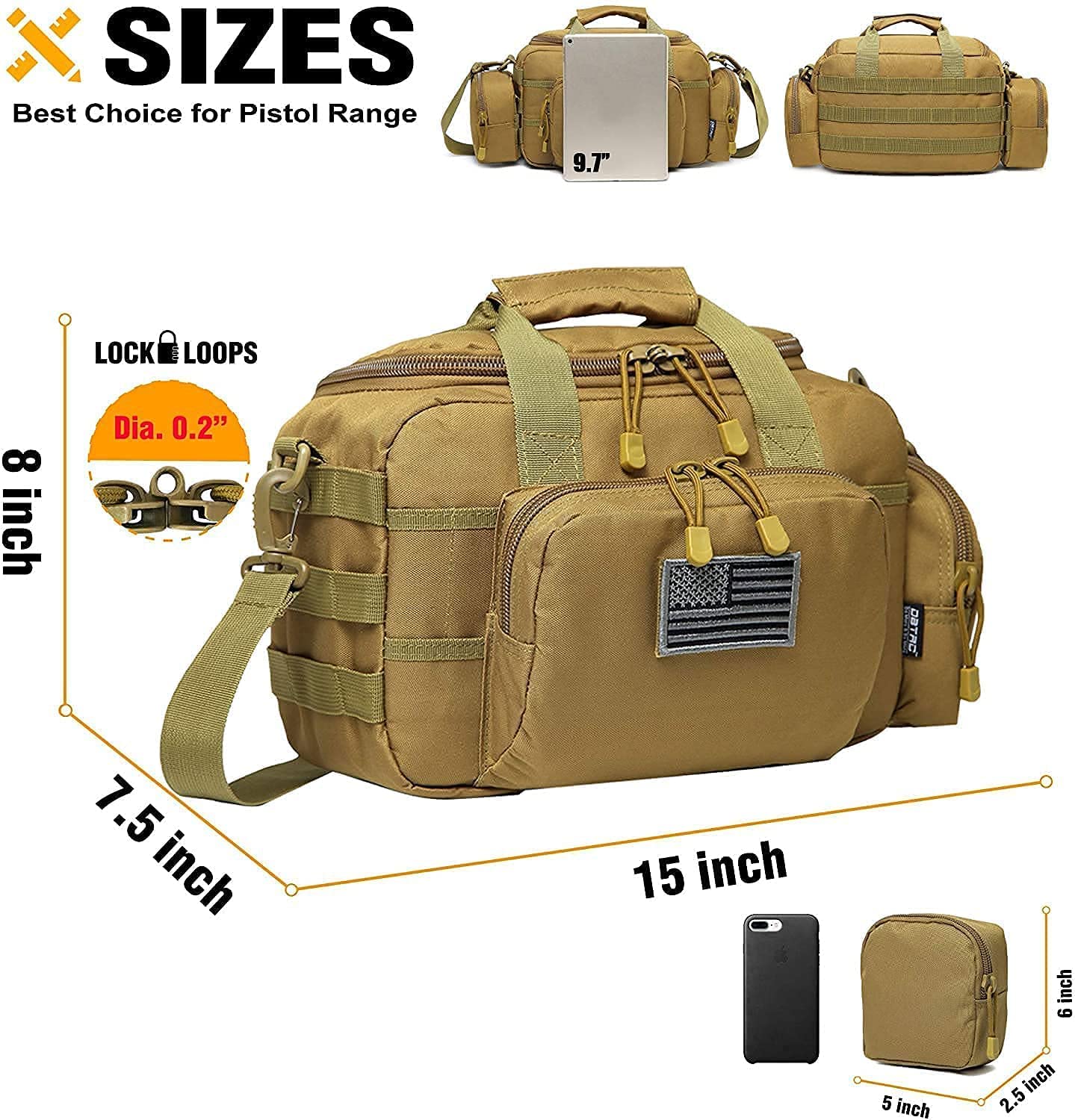 Small Tactical Range Bag for 2 Pistols & Concealed Carry Sling Bag (Tan) - Lockable Zippers, Durable Nylon, Compact Design - Perfect for Shooting Range, Outdoor Training & CCW