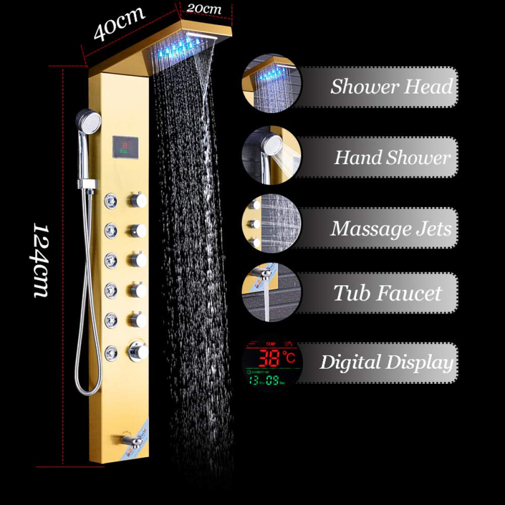 Golden Brushed Waterfall Rainfall Shower Panel with Hot & Cold Mixer Tap - Luxury Bathroom Upgrade for Spa-Like Experience