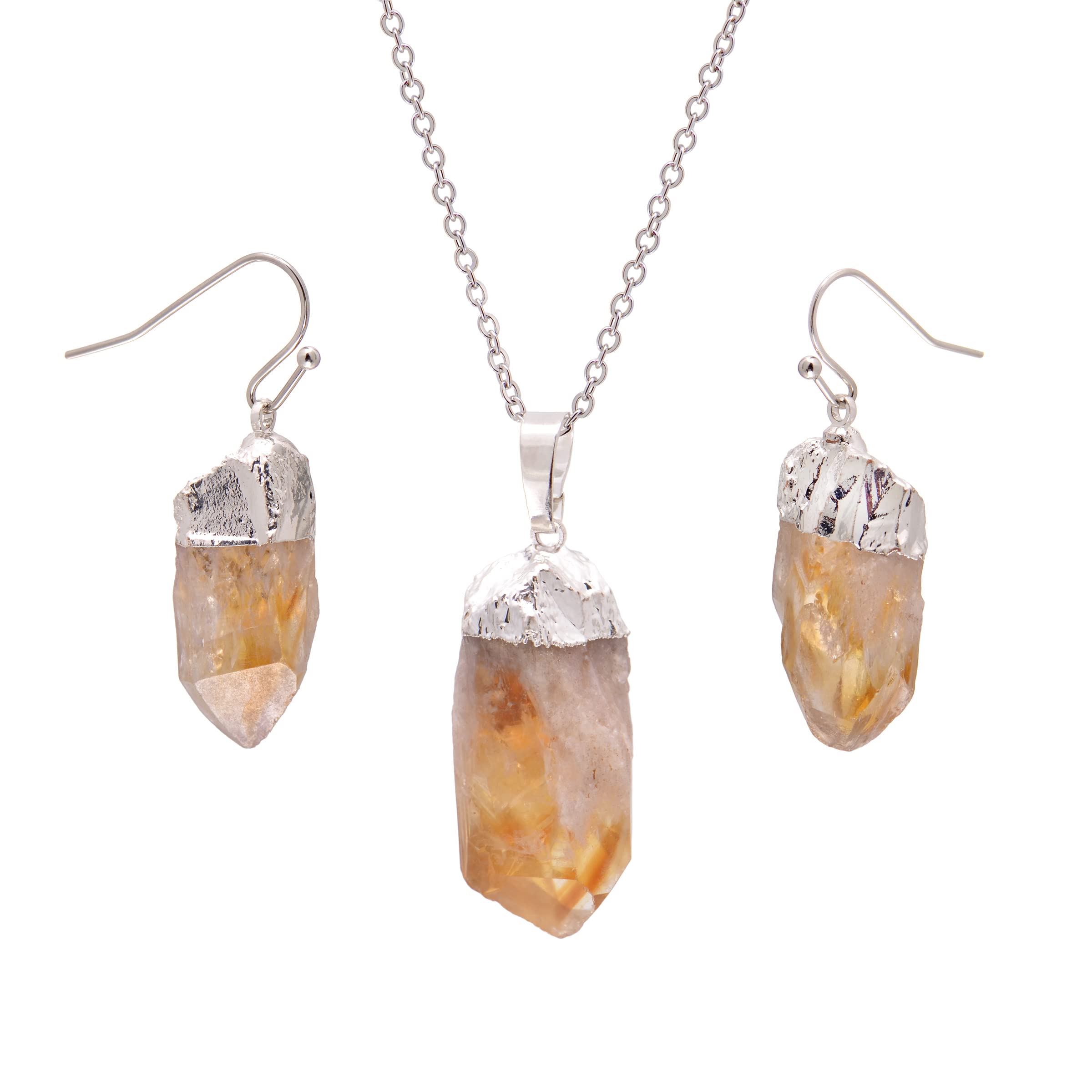 Natural Citrine Crystal Point Rough Stone Earrings & Necklace Set for Women - White Gold Tone Jewelry for Healing, Meditation & Spiritual Gifts