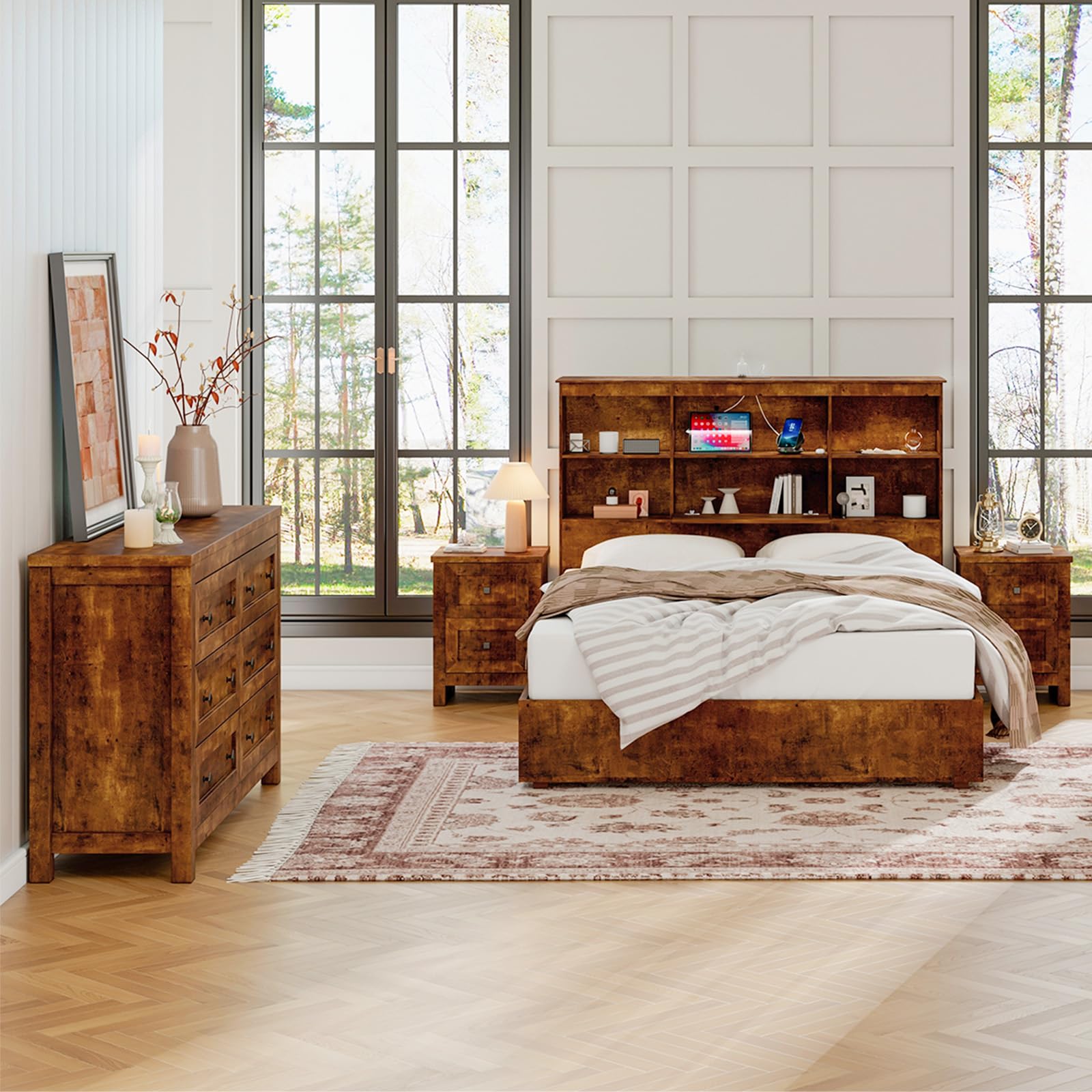 Rustic Brown 3-Piece Bedroom Dresser and Nightstand Set - Farmhouse Style 6-Drawer Storage Dresser & 2 Nightstands with Charging Station | Perfect for Master Bedroom, Guest Room & Apartment Furniture