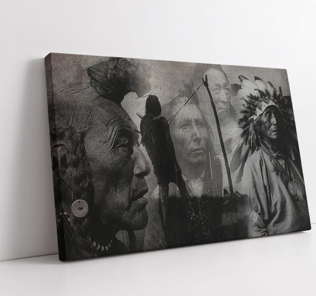 Native American Decor - Black and White Indian Portrait Canvas Art Print | 16x24 Inch Framed Wall Art | Easy to Hang Living Room Decor | Perfect for Home, Office & Western Theme Interior Design
