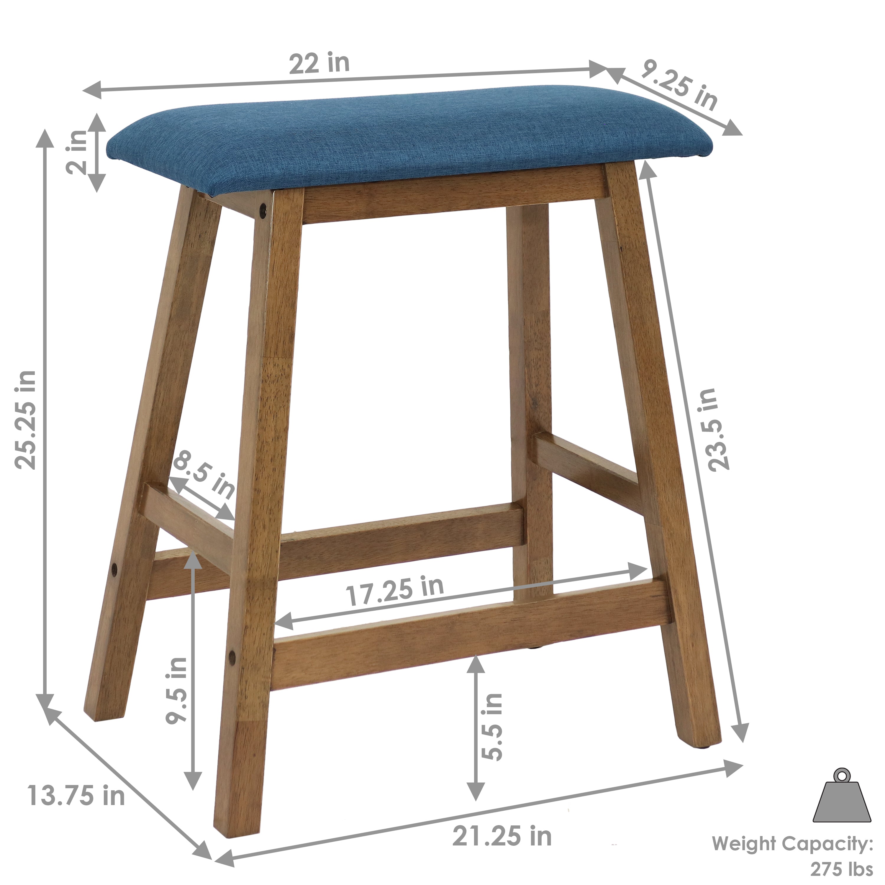 Sunnydaze Set of 2 Counter Height Bar Stools - Weathered Oak Finish with Blue Cushions - Perfect for Kitchen Island, Breakfast Nook & Home Bar Decor