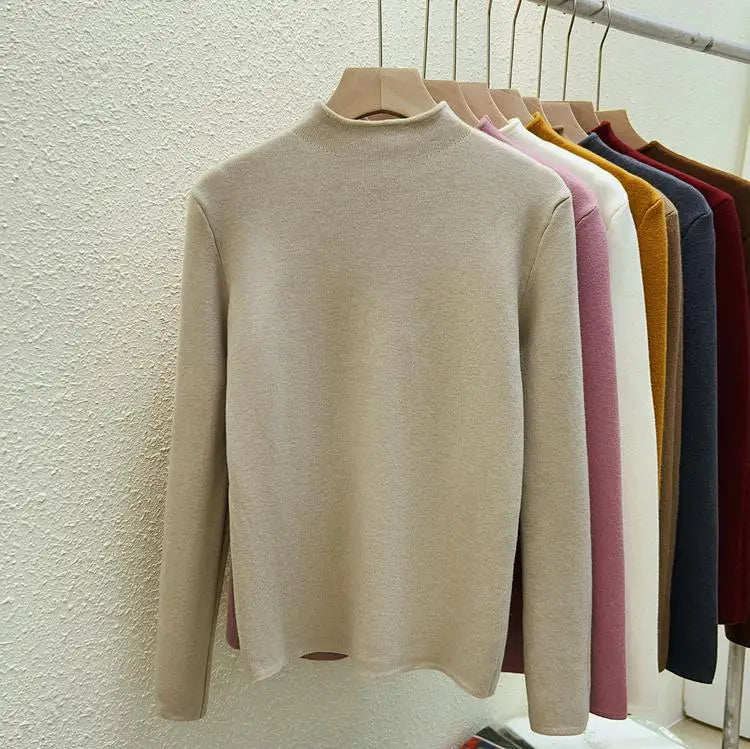 Women's Solid Half High Neck Velvet Sweater - Korean Fashion Warm Knitwear Long Sleeve Pullover Top for Autumn Winter | Cozy Casual Wear, Office Outfits & Holiday Layering