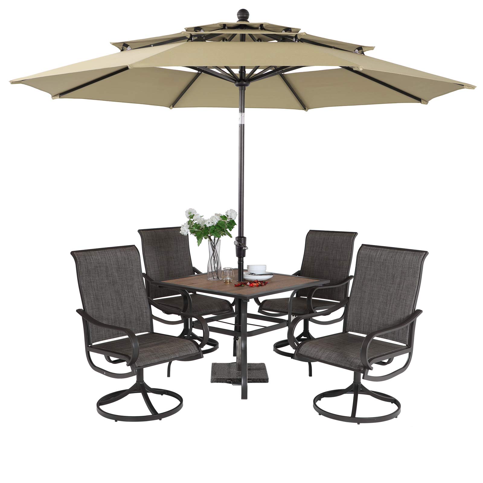 PHI VILLA 4-Piece Outdoor Patio Dining Set with Swivel Chairs & 10ft Beige Umbrella - All-Weather Wicker Furniture for Backyard, Garden, Poolside or Deck (Table + 4 Chairs, Umbrella No Base Included)