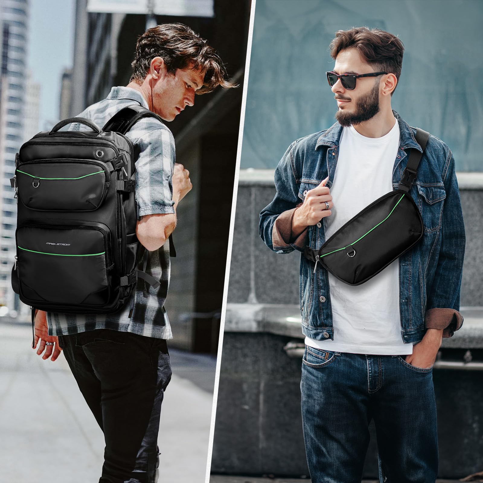 Maelstrom 35L Travel Backpack for Men & Women - Waterproof Carry-On with Belt Bag & Shoe Compartment, Fits 17” Laptop - Classic Black, Large - Perfect for Airplane Travel & Outdoor Adventures