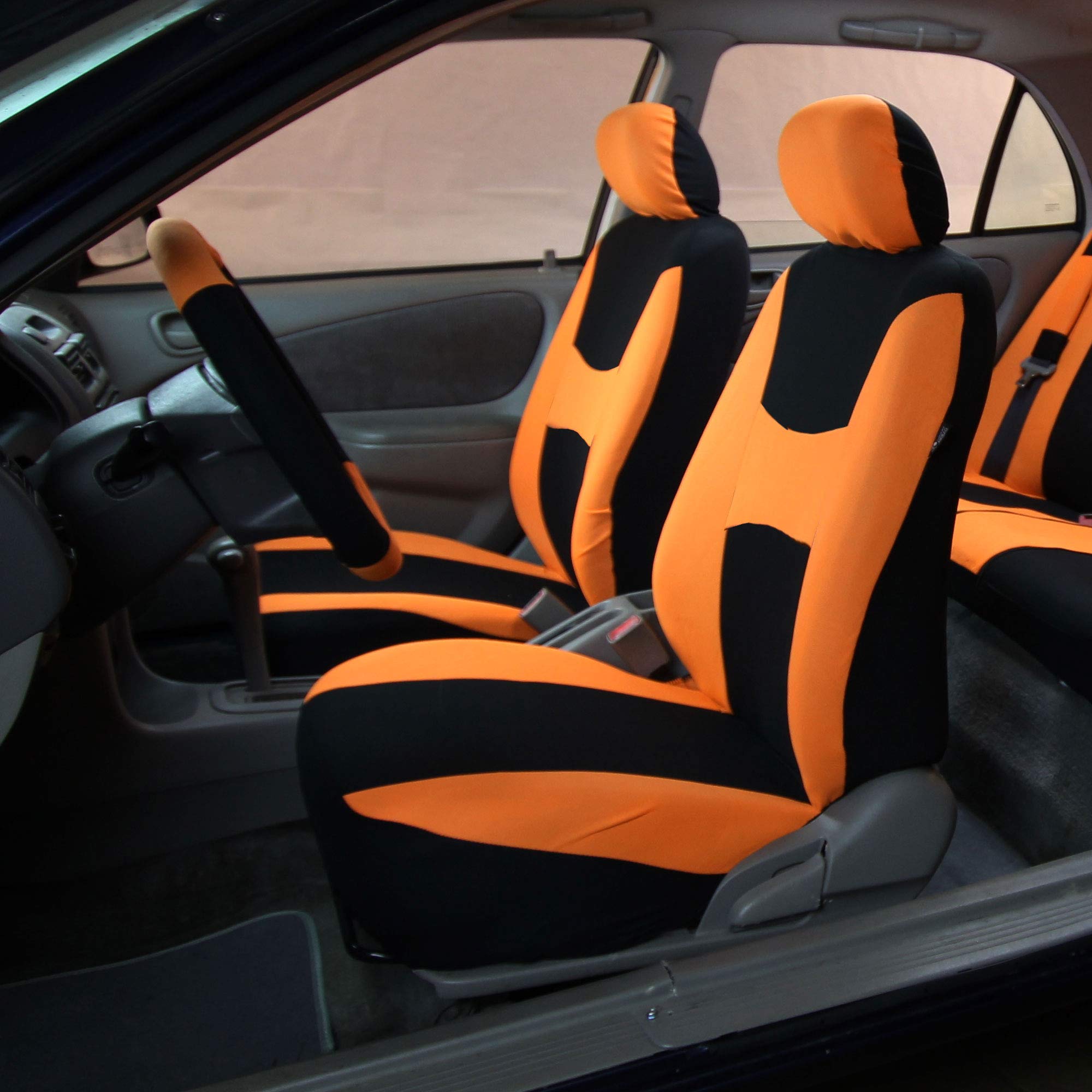 FH Group Light & Breezy Cloth Car Seat Covers - 7 Seater 3-Row Universal Fit for Cars, Trucks & SUVs - Airbag & Split Compatible (Orange/Black) - Perfect for Road Trips, Daily Commutes & Family Travel