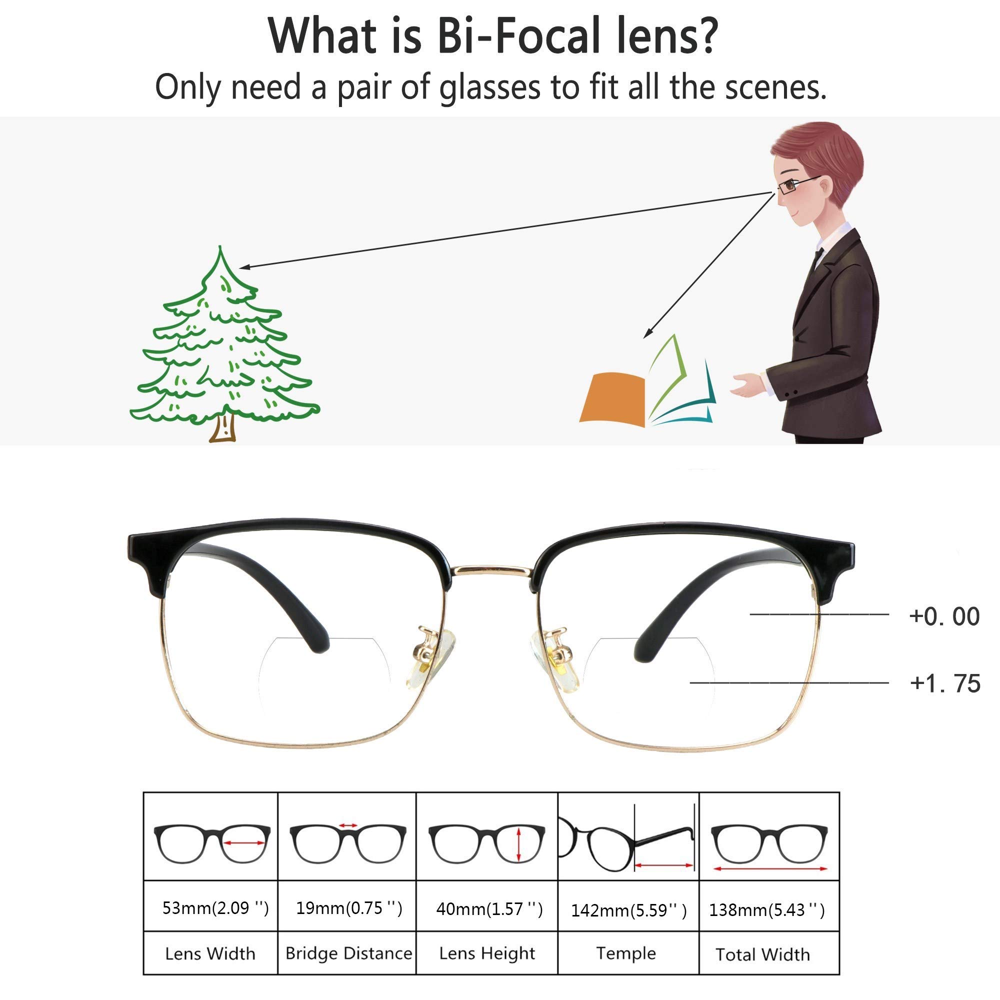 VisionGlobal Blue Light Blocking Glasses for Women & Men - Bifocal Computer Reading Glasses with Stylish Square Frame - Reduce Eye Strain for Office Work, Gaming & Screen Time