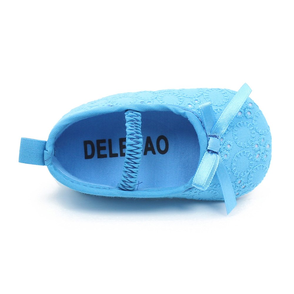 Delebao Baby Girl Satin Mary Jane Shoes - Soft Infant Baptism Slippers, Comfortable Dance Ballerina First Walkers for 12-18 Months (Blue) - Perfect for Christening, Photo Shoots & Special Occasions