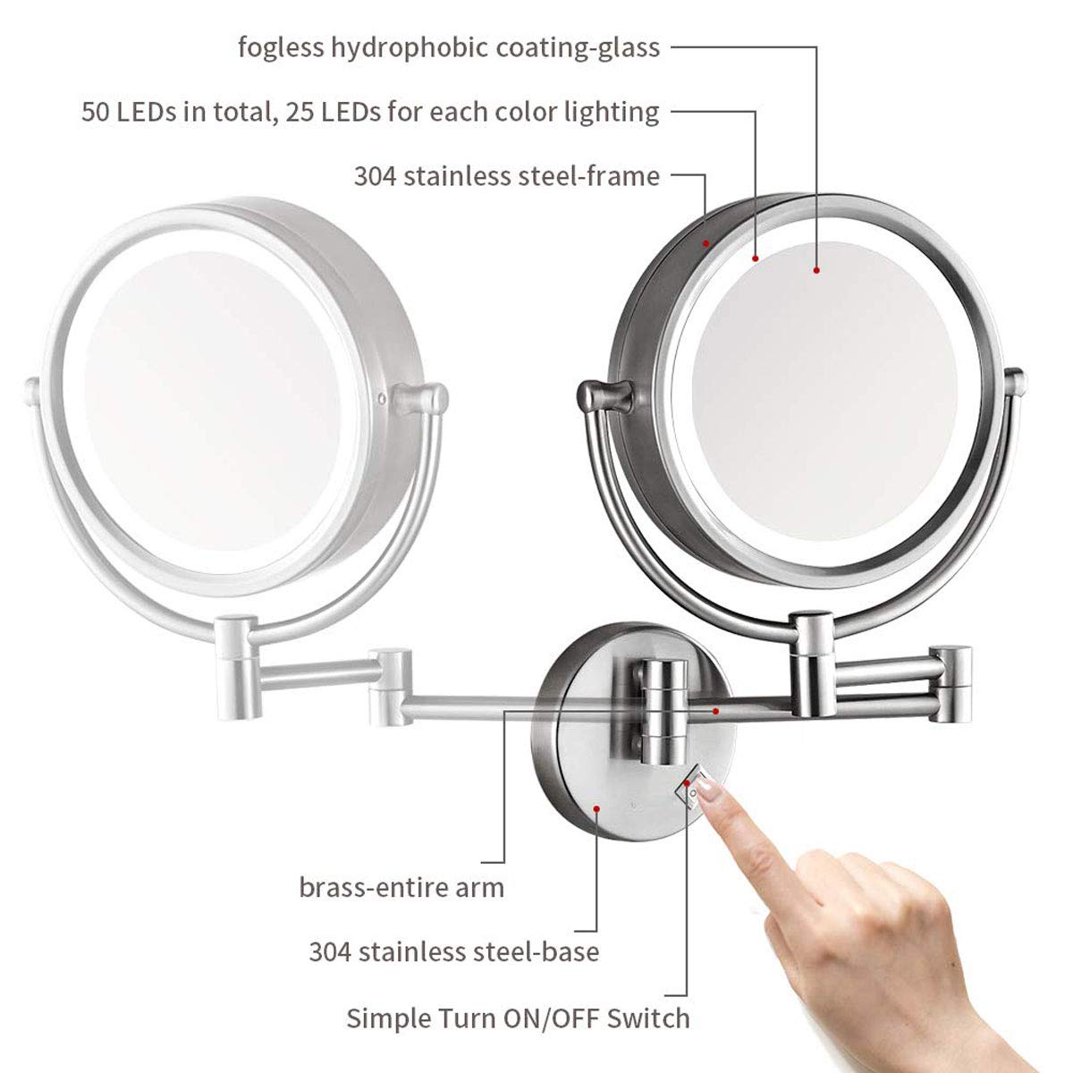 LED Makeup Mirror with Lights - 5X Magnifying Wall Mounted Bathroom Mirror, 360° Rotation for Perfect Makeup Application - Ideal for Bedroom Dressing Table, Bathroom Vanity & Travel Use