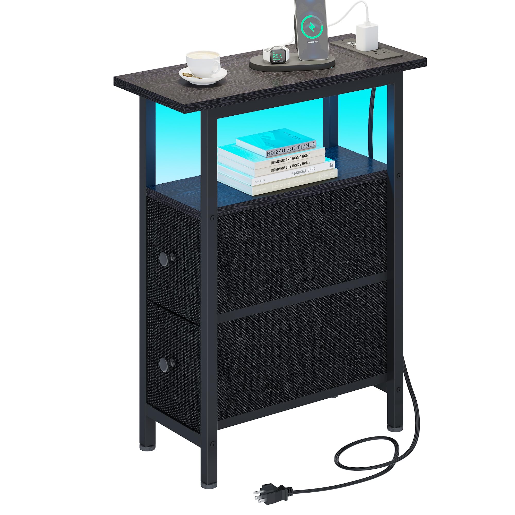 Slim Narrow End Table with USB Charging Station & LED Light - 2 Fabric Drawers Nightstand for Bedroom, Living Room - Space Saving Small Side Table for Apartments, Dorms (Black) | Perfect for Bedside Organization & Modern Home Decor