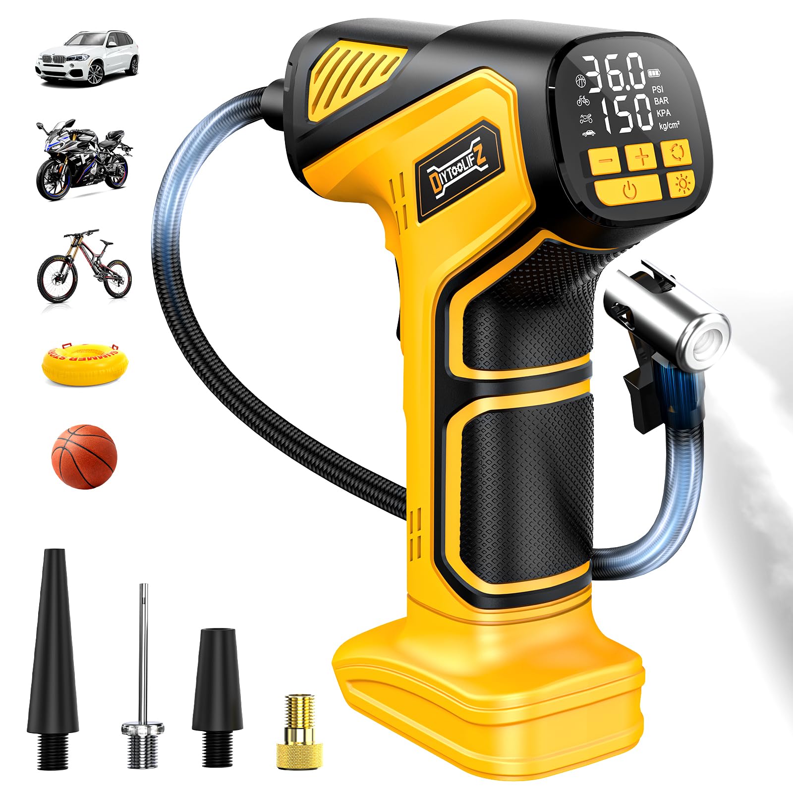 150PSI Cordless Tire Inflator Air Compressor - Portable Dewalt 20V Battery Powered Air Pump with Digital Pressure Gauge & LED Light for Car, Motorcycle, Bike, Sports Ball - Perfect for Roadside Emergencies, Garage Use and Outdoor Adventures (Bare Tool)