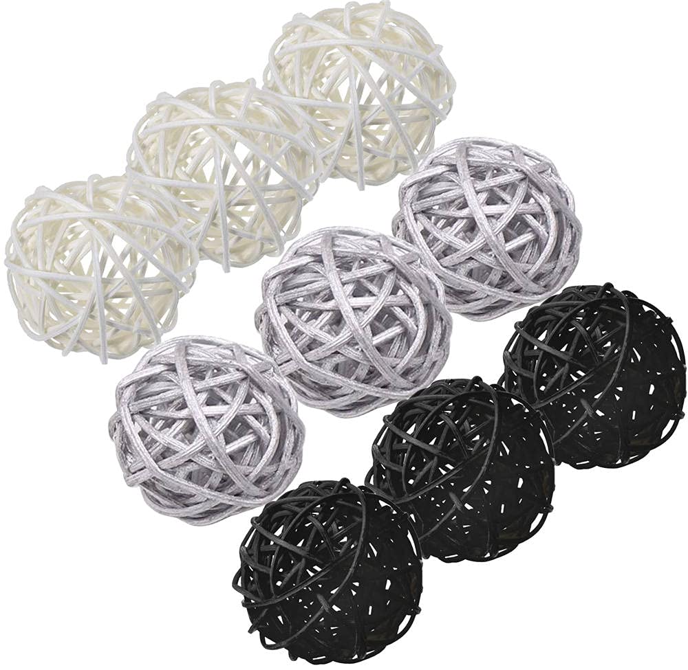 9 Pcs 3 Inch Wicker Balls - Natural Rattan Decorative Balls for Home Decor, DIY Vase Filler, Wedding Table Centerpiece, Nursery & Baby Room Décor - White, Black, Silver - Perfect for Boho, Farmhouse & Rustic Style Decorations