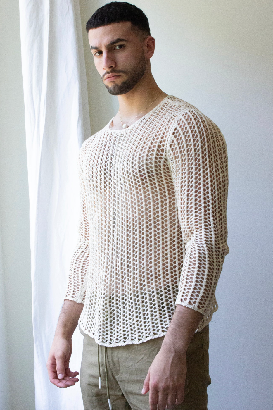 Men's Crochet Long Sleeve Mesh See-Through Top - Bohemian Festival Outfit, Summer Beach Party Shirt for Men - Perfect for Music Festivals, Concerts, and Night Outfits