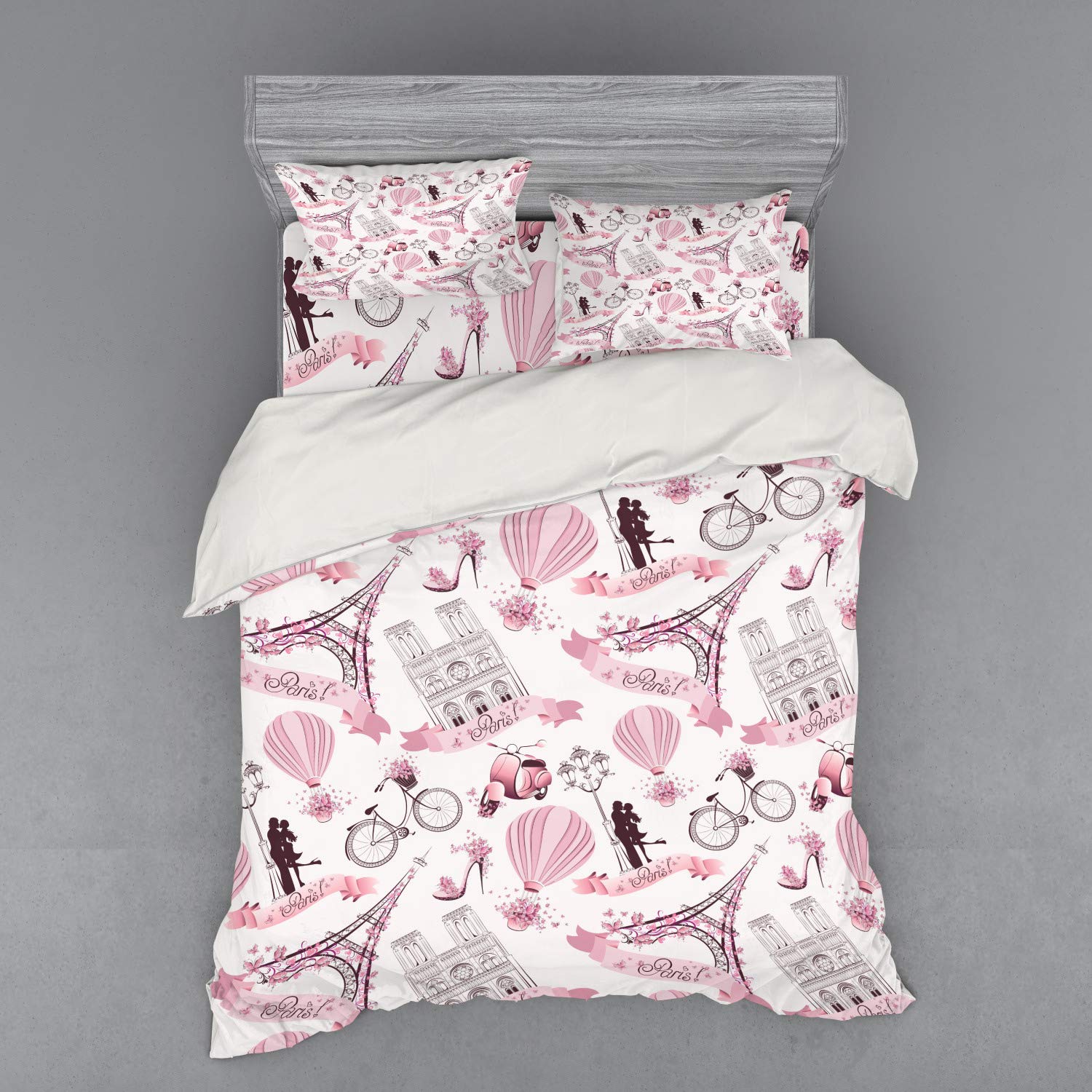 Ambesonne Paris Themed 4-Piece Queen Duvet Cover Set - Eiffel Tower, Hot Air Balloon & Romantic Flowers Design in Pale Pink & White | Perfect for Honeymoon, Travel Enthusiasts & Bedroom Decor