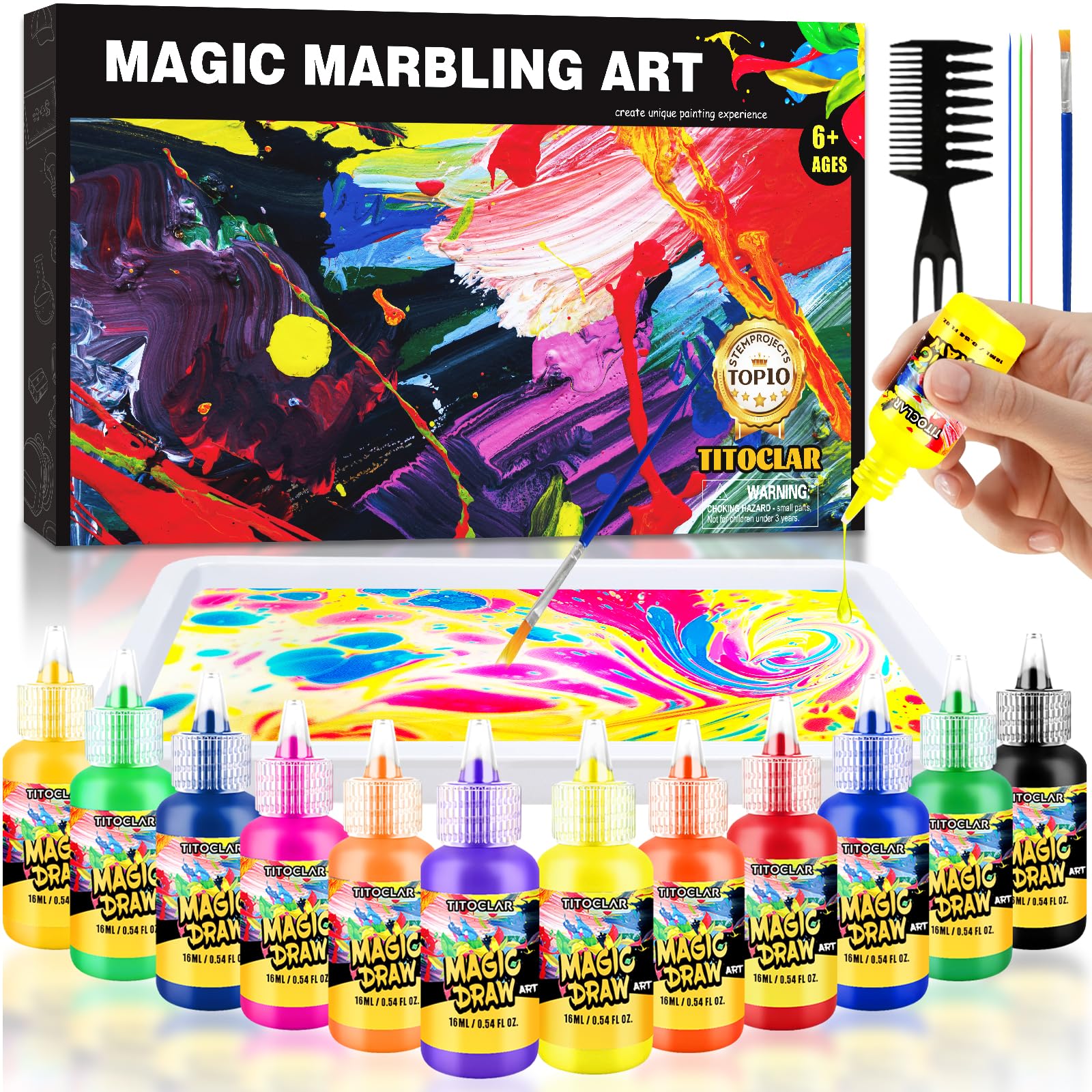 Water Marbling Paint Kit for Kids - Creative Craft Set for Girls & Boys Ages 5-12 (10 Colors) | DIY Art Projects, Birthday Gifts & Sensory Play Activities