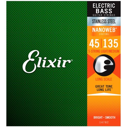 Elixir Strings 14782 .045 .135 Nanoweb Light/Medium Gauge Electric Bass Strings - Long Scale 5 String Set for Professional Bass Players | Perfect for Rock, Jazz & Studio Recording