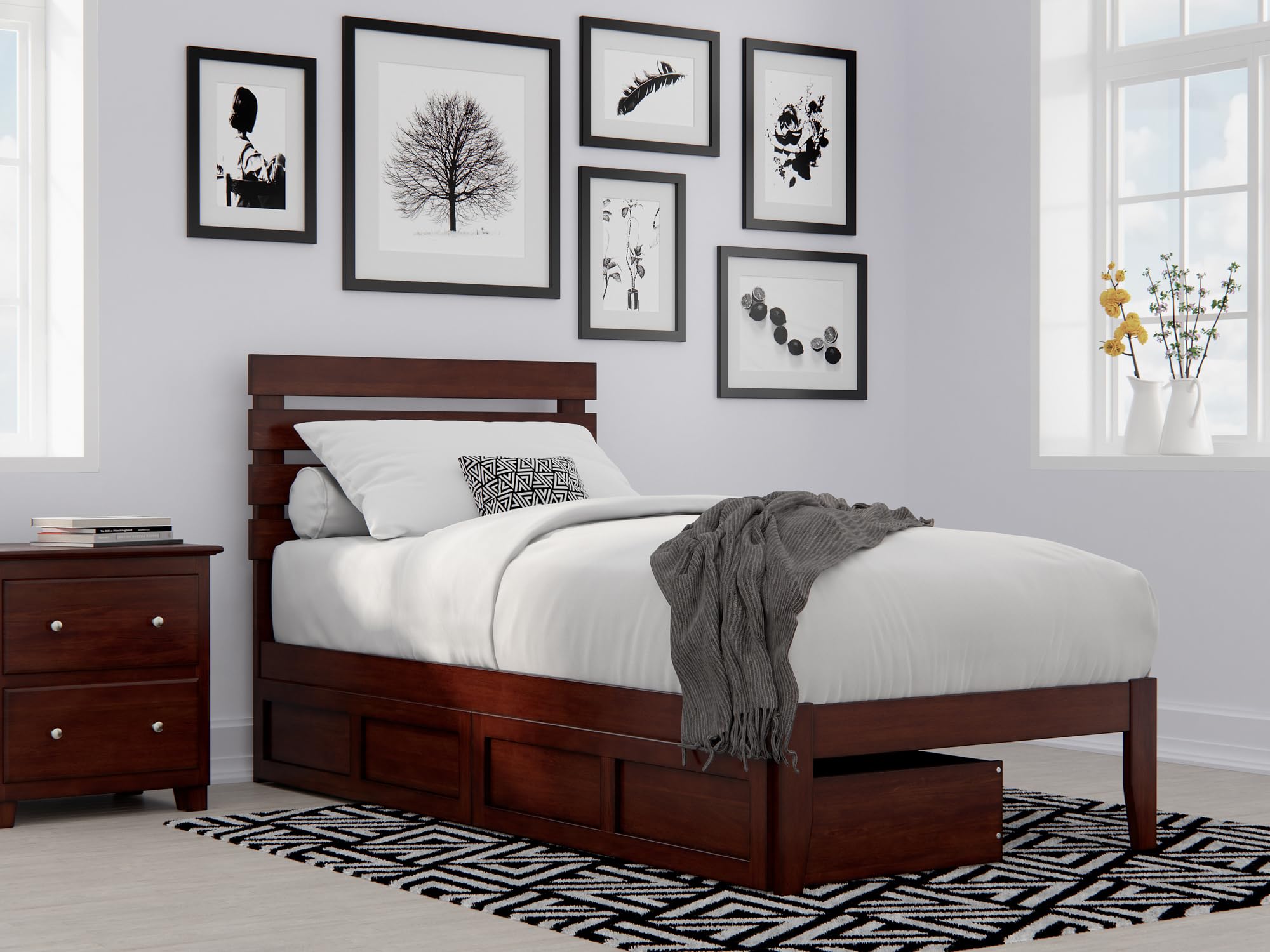 Atlantic Furniture Oxford Twin XL Bed Frame with USB Turbo Charger & 2 Extra-Long Storage Drawers in Walnut Finish - Perfect for Small Spaces, Dorm Rooms & Guest Bedrooms
