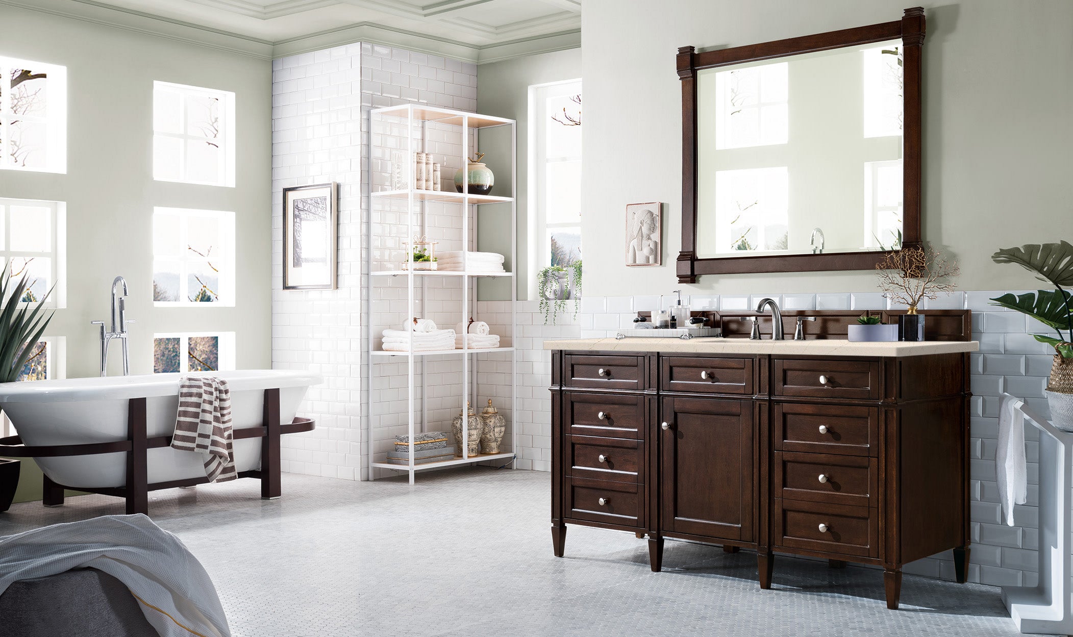 Brittany 60-Inch Burnished Mahogany Bathroom Vanity with 3CM Eternal Marfil Quartz Countertop - Perfect for Master Bathroom & Powder Room Renovations