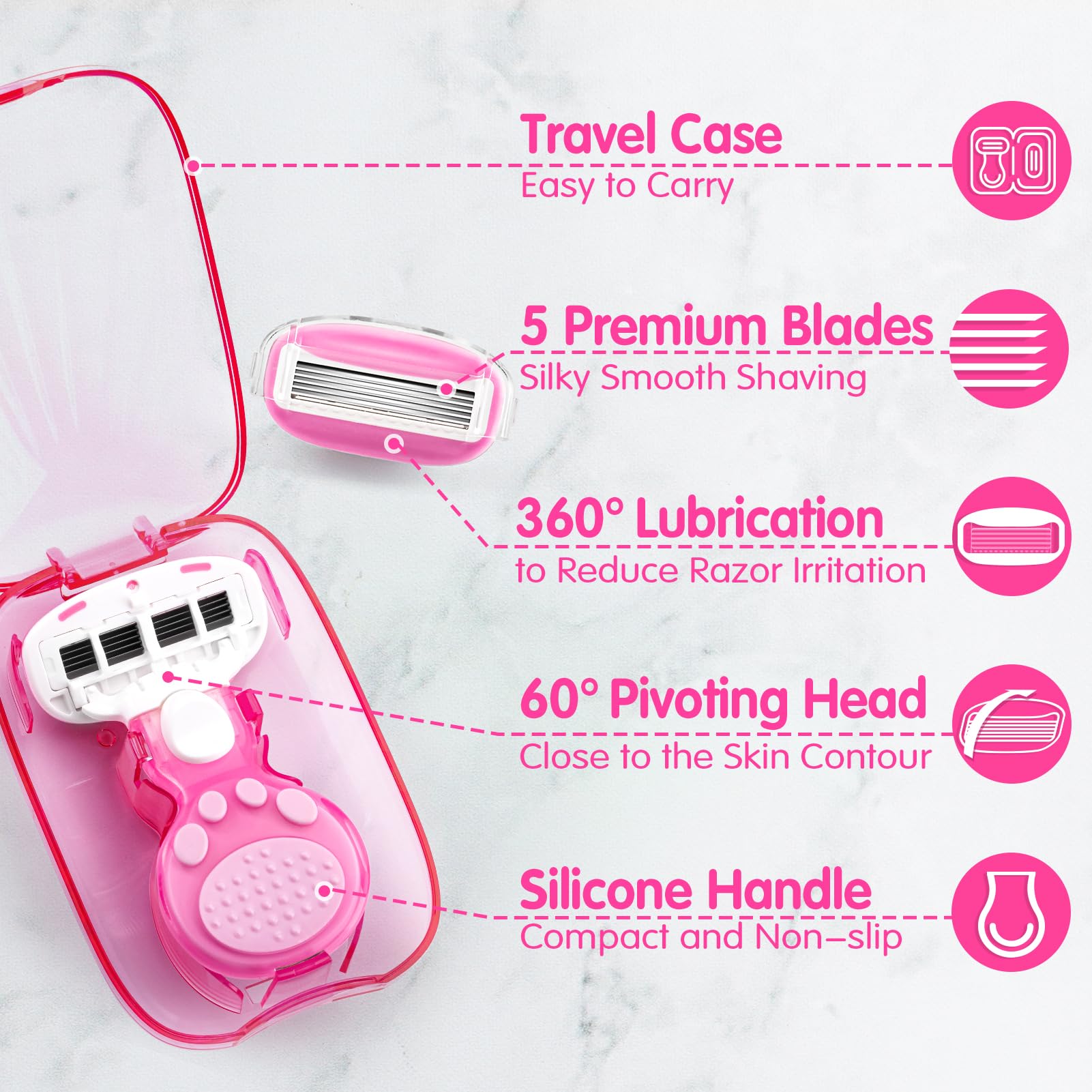 DreamGenius Women's 5-Blade Travel Razor Set with Case - Includes 1 Handle & 5 Cartridges for Extra Smooth Shaving - Pink Travel Essential for Vacation, Gym & On-The-Go Grooming