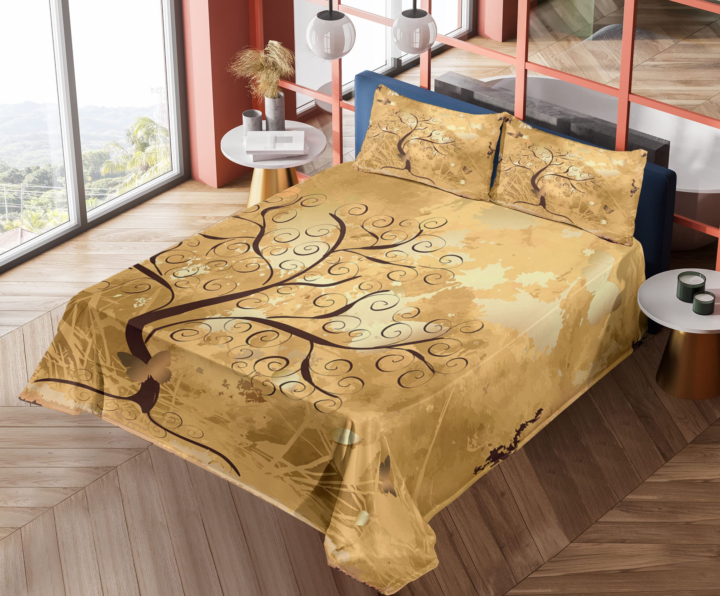 Ambesonne Tree Sheet Set 4-Piece - Grunge Style Swirled Branches & Butterfly Silhouettes - King Size Brown & Pale Brown Bedding - Fitted & Flat Sheets with Pillowcases - Perfect for Boho & Nature-Inspired Bedrooms