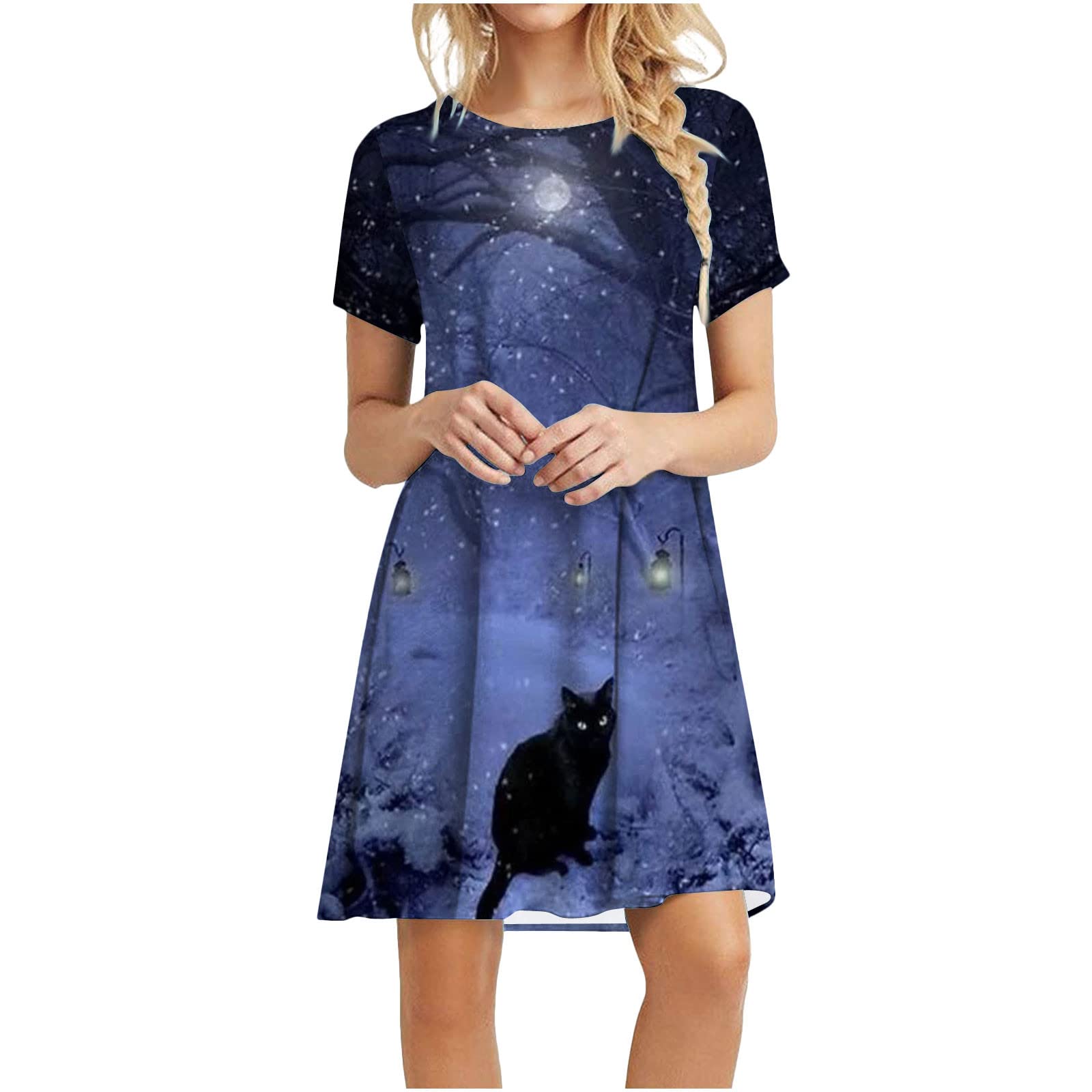 Halloween Pumpkin Print Sun Dresses for Women - Summer Casual Short Sleeve Round Neck Beach T-Shirt Dress | Perfect for Halloween Parties, Beach Vacations & Summer Outings
