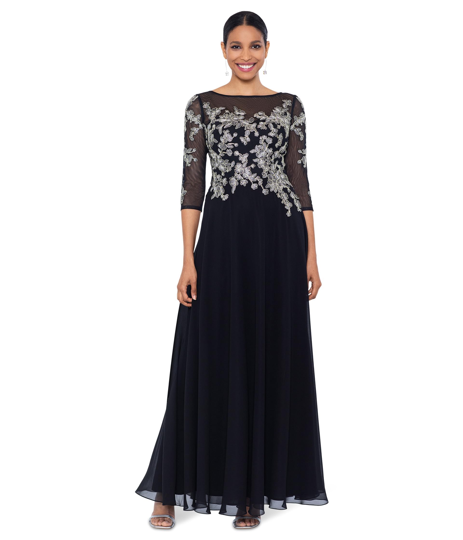 Betsy & Adam Elegant Long Sleeve Chiffon Dress with Floral Applique - Perfect for Weddings, Parties & Special Occasions