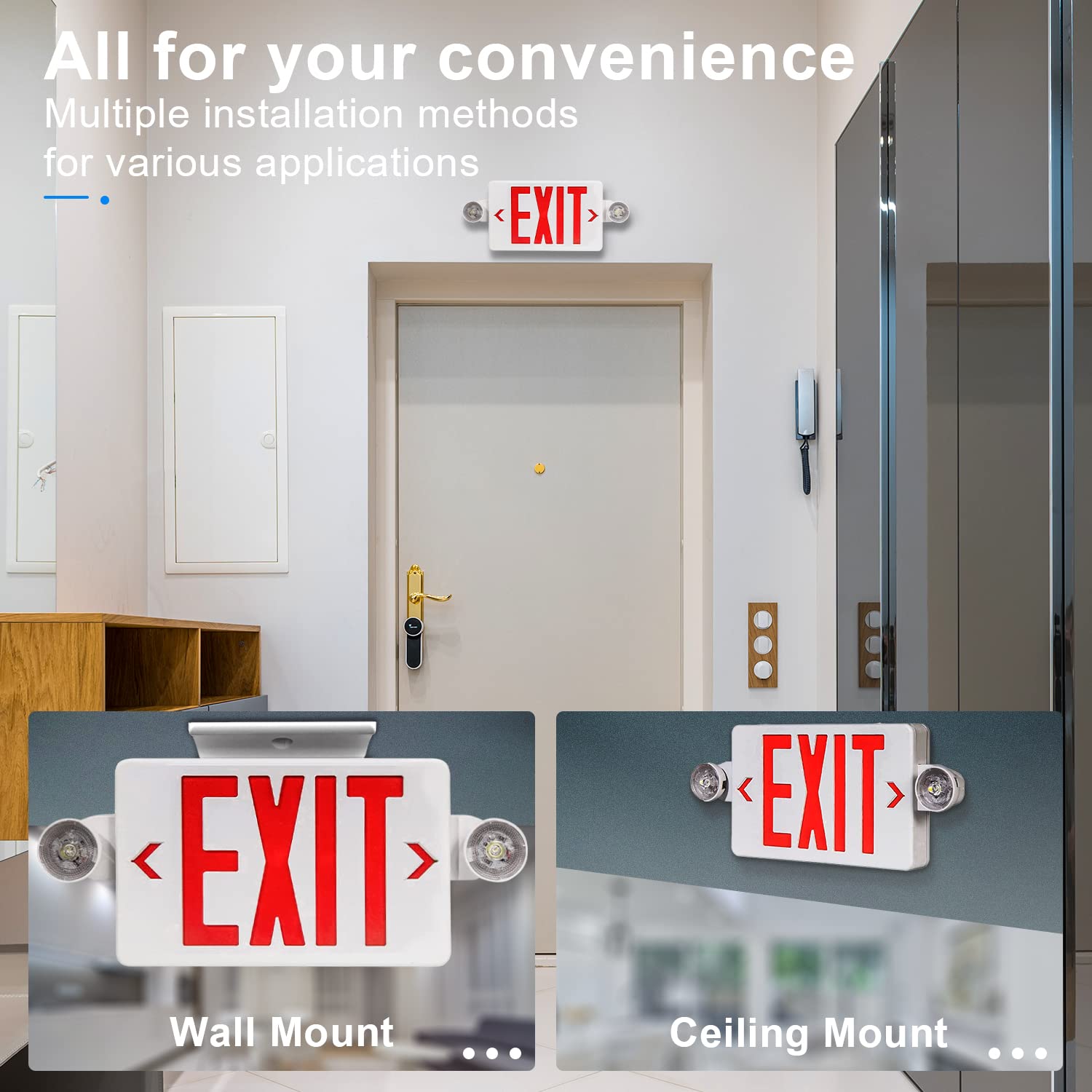 UL Listed LED Exit Sign with Emergency Lights & Battery Backup - 6-Pack Commercial Grade Red Exit Lighting, 120-277V AC, Fire Resistant with Two Adjustable Heads - Perfect for Offices, Warehouses, Schools & Public Buildings