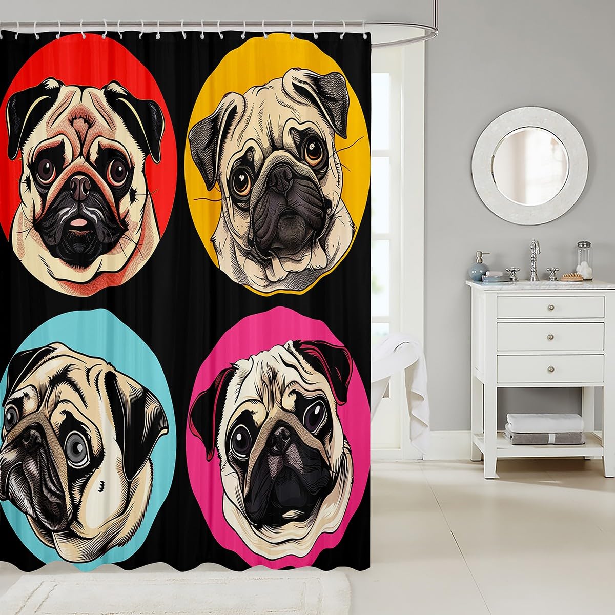Funny Pug Dog Shower Curtain - Waterproof Bathroom Decor for Kids & Adults with 12 Hooks, 72x72 Inches - Perfect for Pet Lovers' Bathrooms, Kids' Bathrooms, and Animal-Themed Home Decor