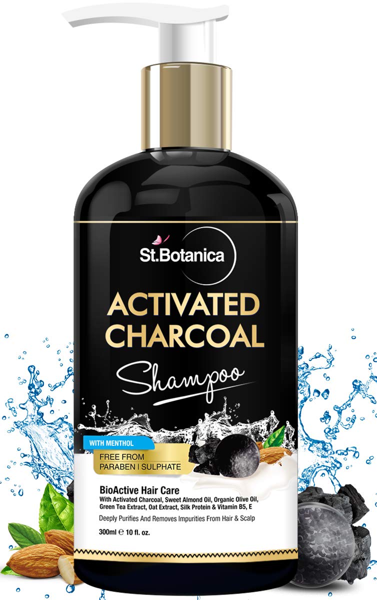 StBotanica Activated Charcoal Shampoo for Detox & Scalp Care - 300ml Sulfate-Free, Paraben-Free with Organic Olive Oil, Almond Oil & Vitamin E - Refreshing Menthol Formula with Silk Protein - Perfect for Oily Hair & Dandruff Control