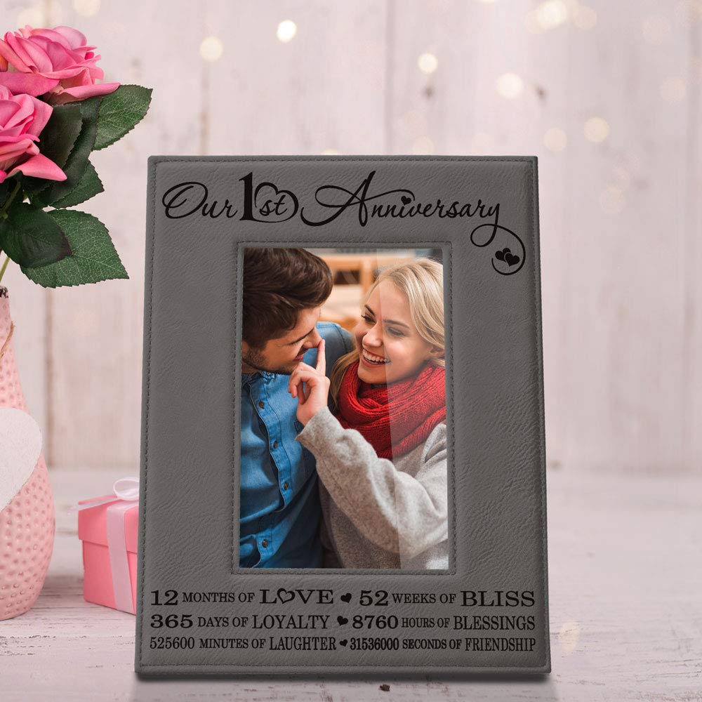 KATE POSH 1st Anniversary Engraved Leather Picture Frame - 5x7 Vertical Wedding Gift for Couples, Him & Her - Perfect for Displaying Cherished Memories on Dressers, Desks or as Romantic Home Decor
