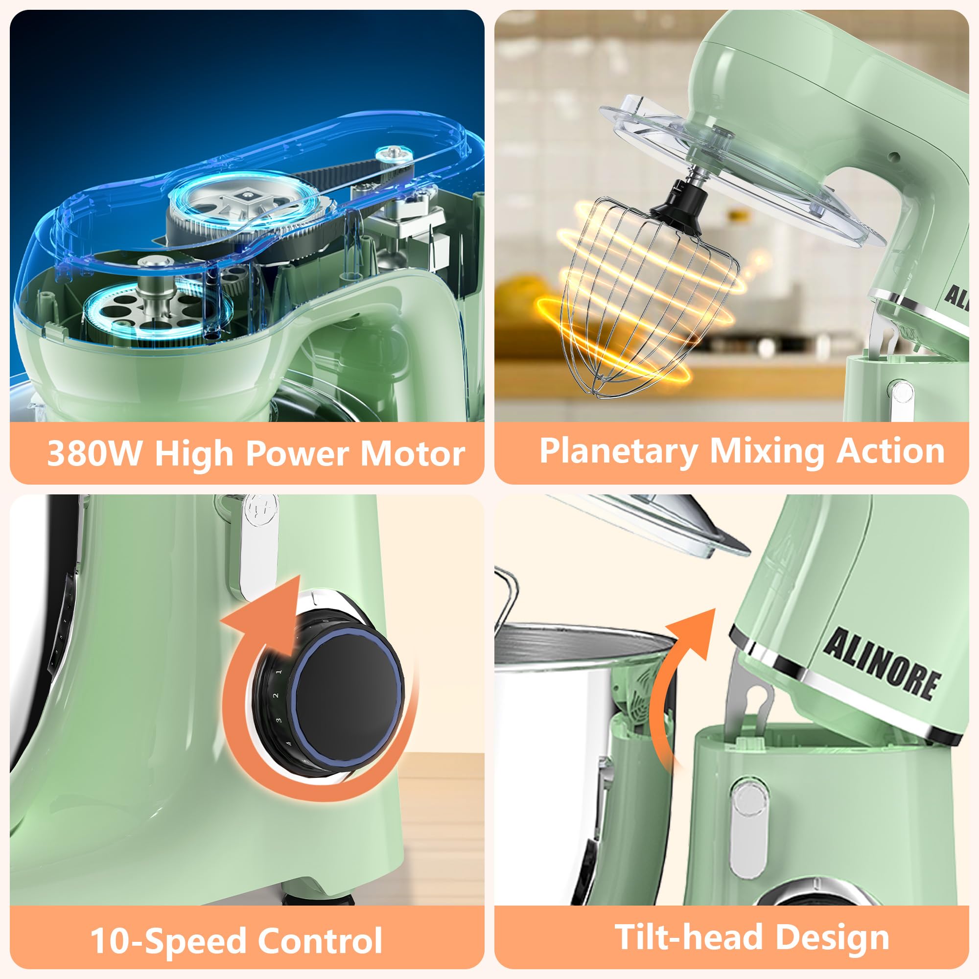 6.5QT 660W 10-Speed Tilt-Head Stand Mixer - Electric Kitchen Mixer with Dishwasher-Safe Dough Hook, Egg Whisk & Flat Beater - Perfect for Baking Cakes, Cookies, Bread & Home Cooking (Green) - Ideal for Bakers, Home Chefs & Holiday Baking