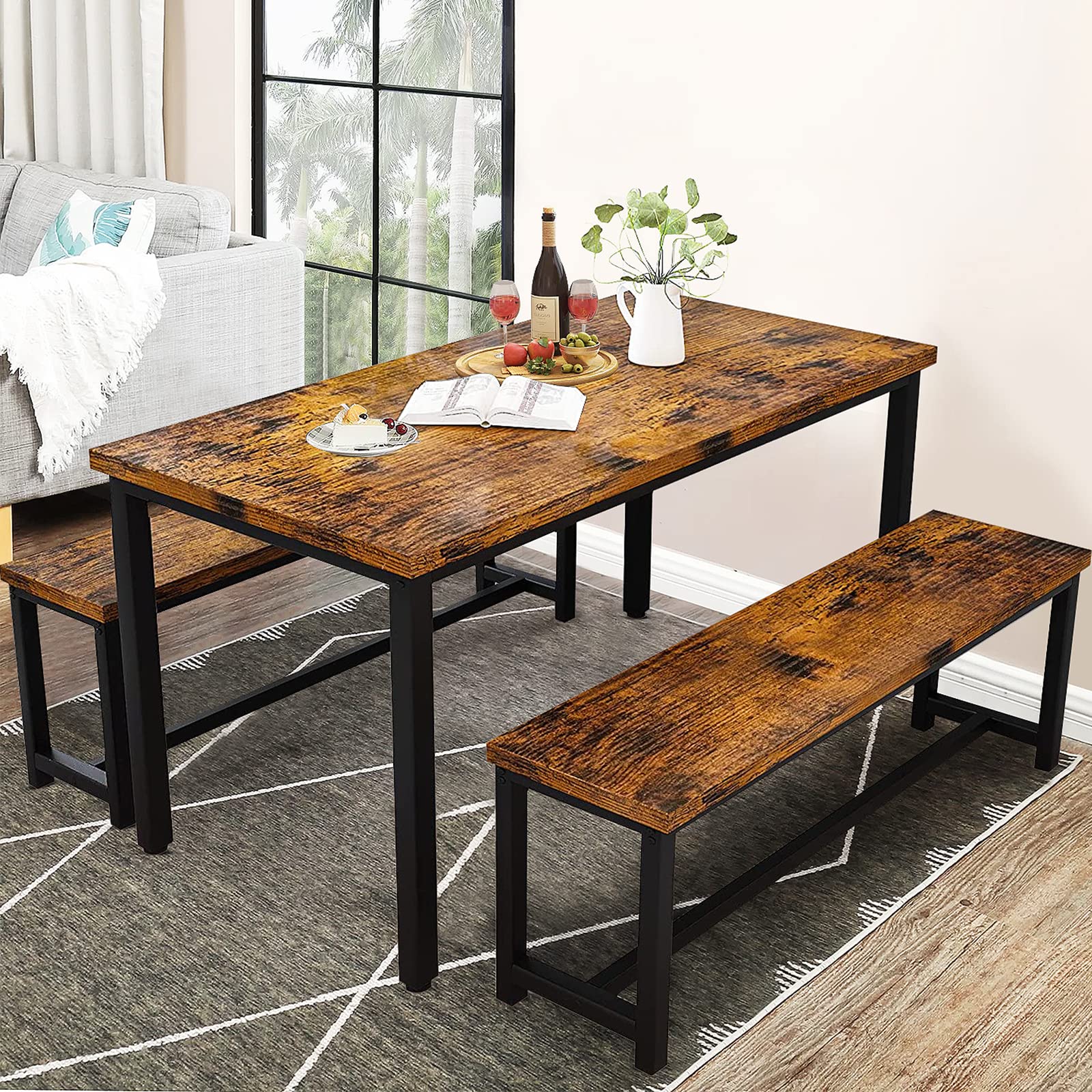 DKLGG 3-Piece Wooden Dining Table Set with 2 Benches for 4 People - Rustic Brown Kitchen Table & Chairs with Sturdy Metal Frame - Perfect for Small Spaces, Apartments, Restaurants & Cozy Dining Rooms