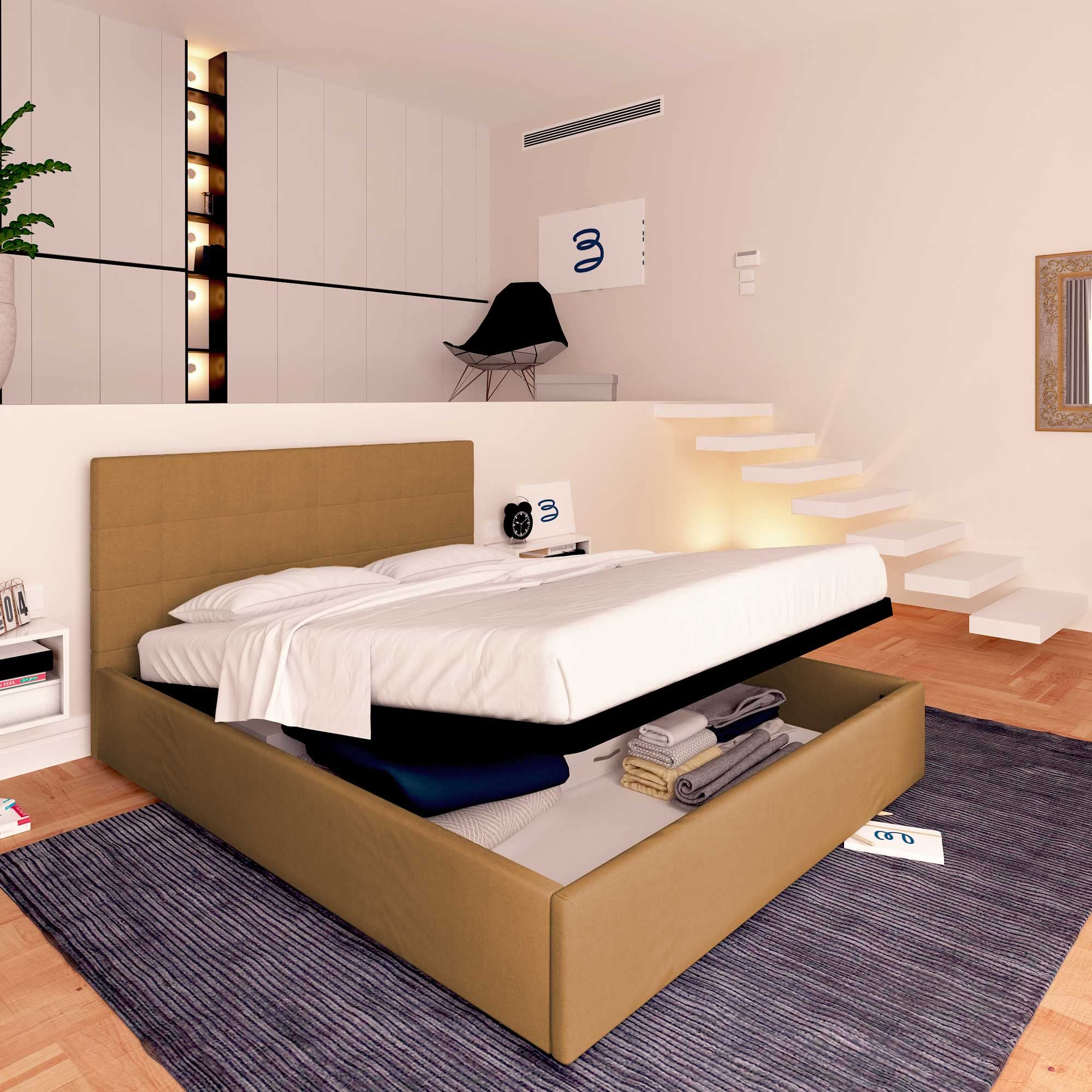 Baldiflex Dublin Single Bed with Storage - Synthetic Leather Upholstery, Slatted Base for Single Mattress, 120 x 190 cm, Elegant Headboard, Light Brown - Perfect for Small Bedrooms, Guest Rooms & Studio Apartments