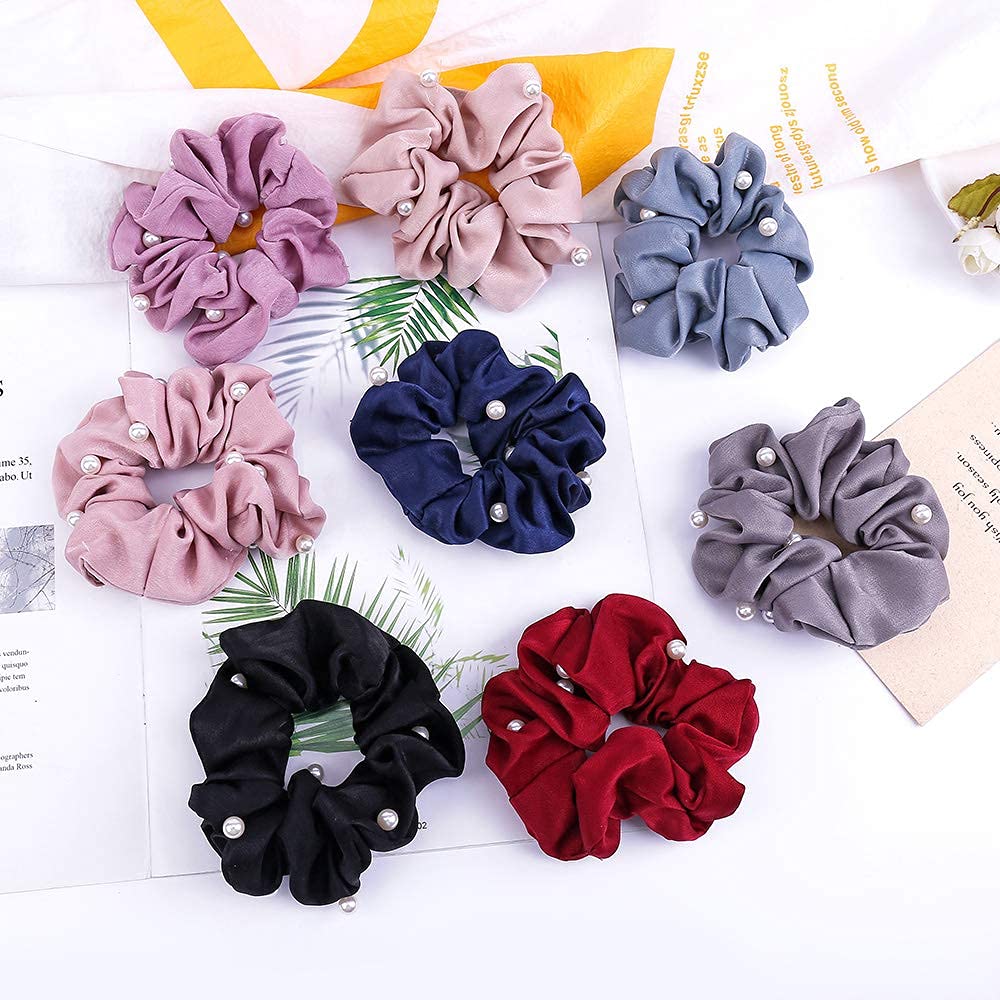 ASG 3-Pack Soft Satin Pearl Scrunchies - Elegant Hair Ties for Women & Girls (Perfect for School, Work, Parties & Everyday Use)