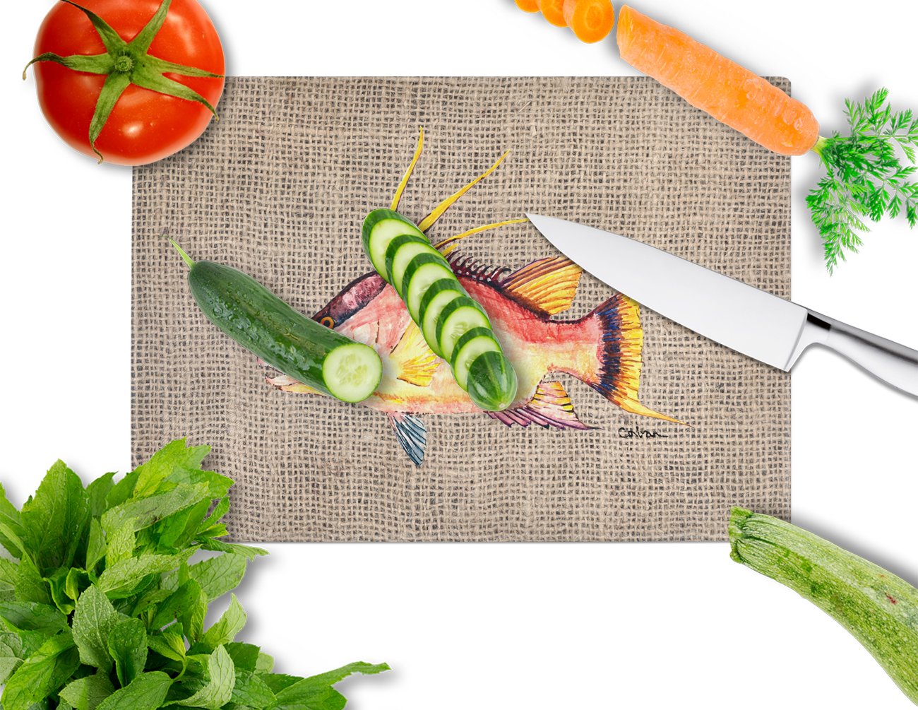 Caroline's Treasures 8753LCB Hog Snapper Faux Burlap Glass Cutting Board - Large Tempered Glass Kitchen Chopping & Serving Board - Perfect for Entertaining, Cooking, and Home Decor