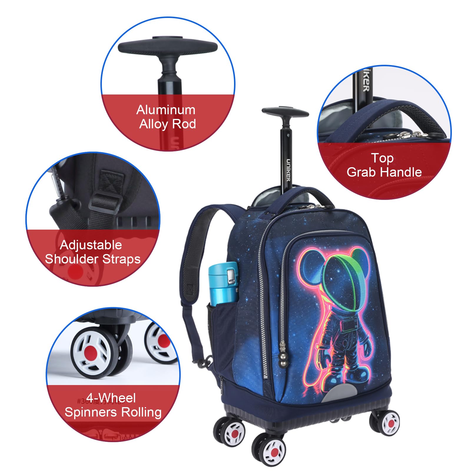 UNIKER Rolling Backpack with Wheels - Travel Laptop Backpack for Women & Men, Wheeled Carry-On Bag Fits 15.6 Inch Notebook - Perfect for Airplane, Business Trips & College Campus Use