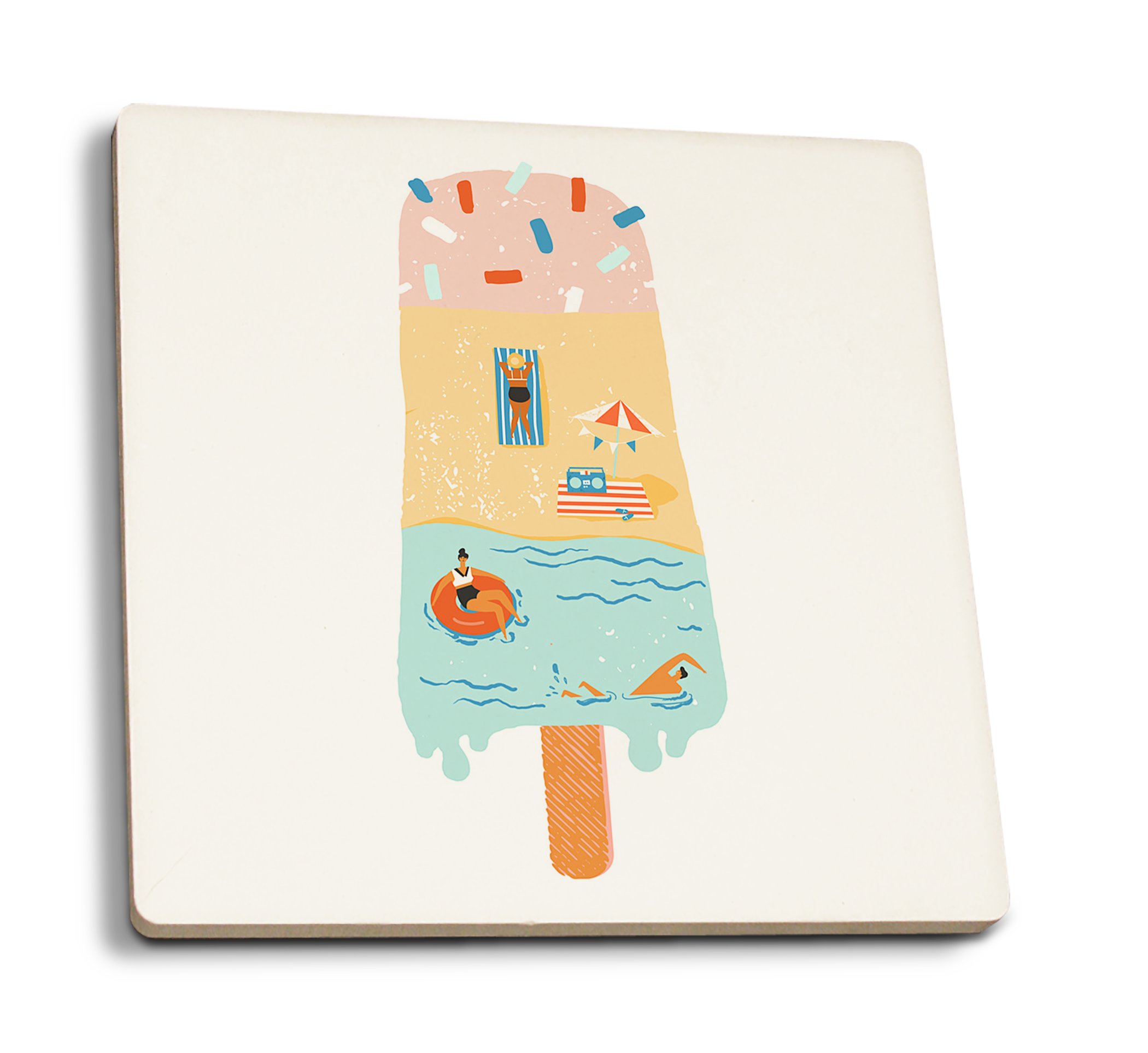 Absorbent Ceramic Coasters Set of 4 - Summer Ice Cream Design with Cork Back - Kitchen & Dining Table Decor for Drinks, Coffee, and Beverages - Perfect for Home, Office, and Party Use