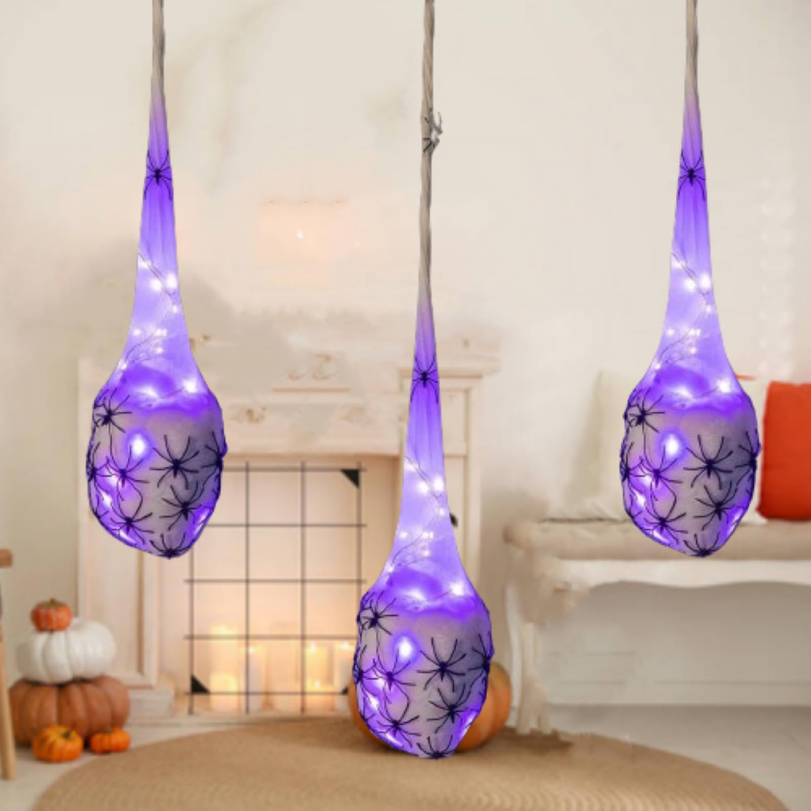 **Halloween LED Light-Up Spider Egg Sacs Decorations - 3PCS White Hanging Spider Egg Sacks with Lights for Spooky Party, Haunted House & Outdoor Decor**