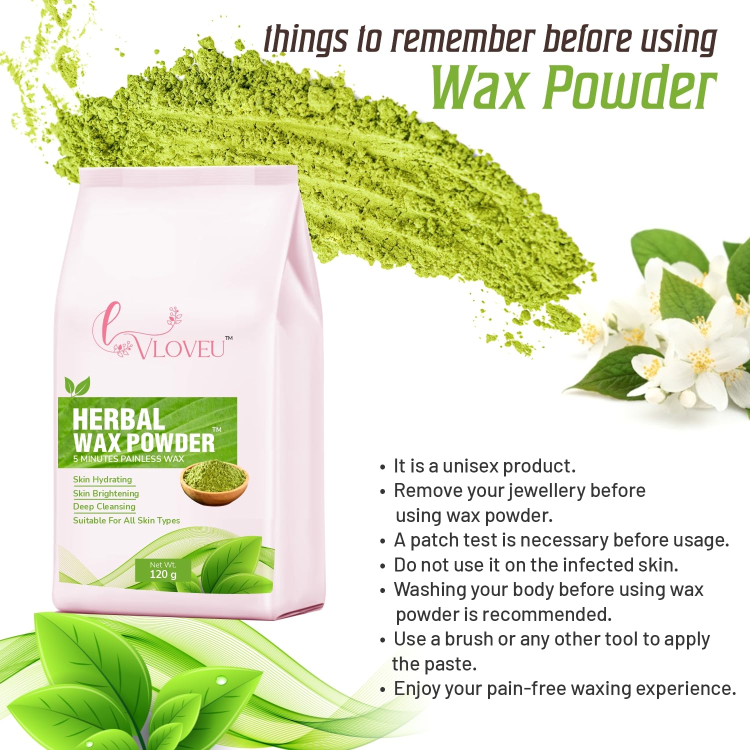 VLOVEU Herbal Wax Powder for Hair Removal - 120g Natural Painless Facial Hair Remover for Women | Bikini, Legs & Underarms Waxing | Quick 5-Minute Hair Removal Solution | Ideal for At-Home Spa, Salon & Travel Use