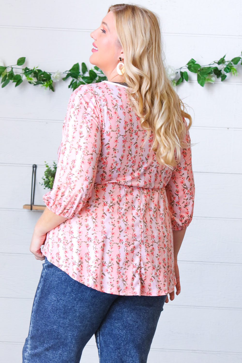 Pink Floral Stripe V-Neck Knit Top for Women - Casual Chic Blouse for Spring Outfits & Date Nights