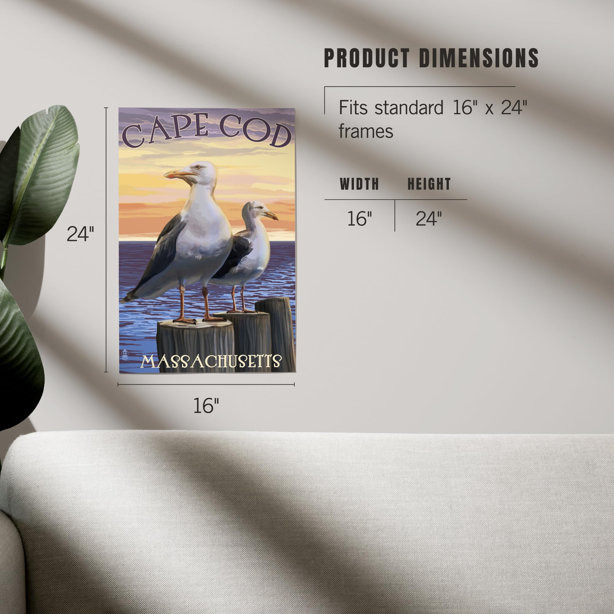 Lantern Press 16x24 Inch Giclee Art Print - Cape Cod Massachusetts Coastal Seagulls Wall Decor | Perfect for Beach House, Living Room & Office Wall Art
