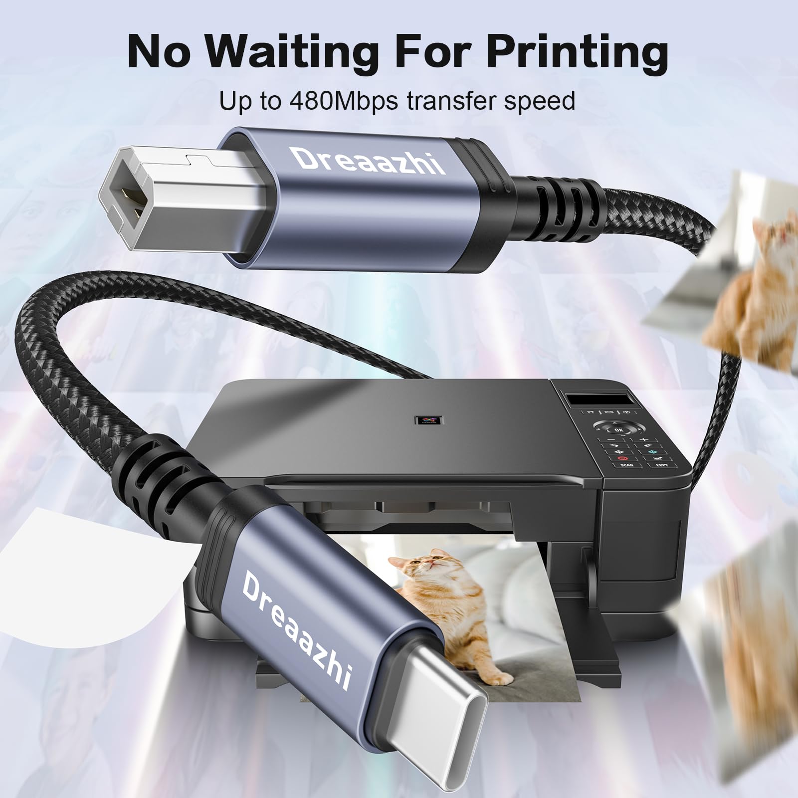 Dreaazhi USB B to USB C Printer Cable 1M (3.3ft) - Braided USB 2.0 Type C to USB B Cable Compatible with HP, Epson, Canon Printers, Scanners, Casio Digital Pianos & MIDI Controllers - Fast Charging & Data Sync for Home Office & Studio Use