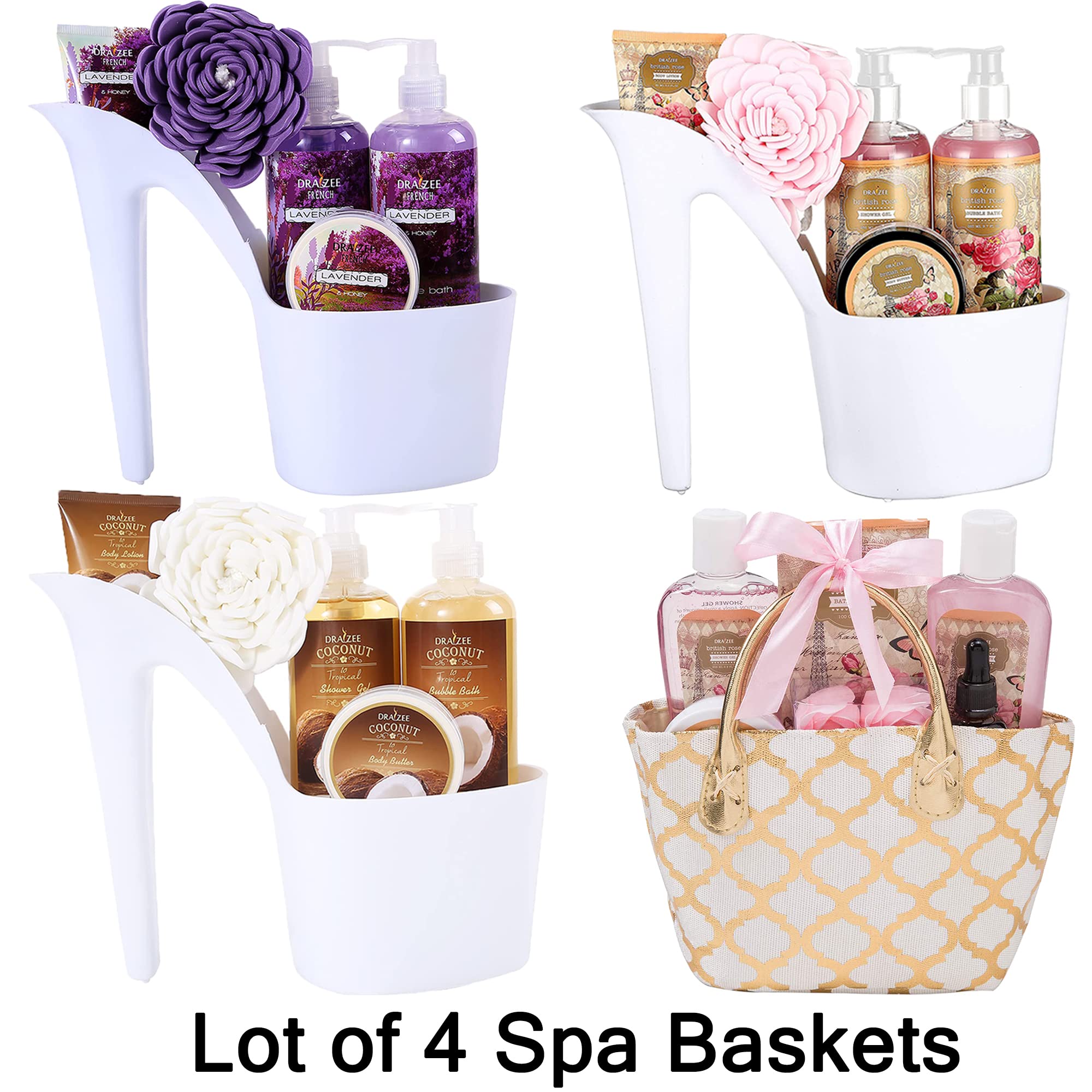 Luxury Spa Gift Set for Mom - 4 Floral Scents (Rose, Lavender, Coconut, British Rose) with Shower Gel, Bubble Bath, Body Butter & Lotion | Perfect Mother's Day Gift Basket by Draizee | Relaxing Bath & Self-Care Essentials