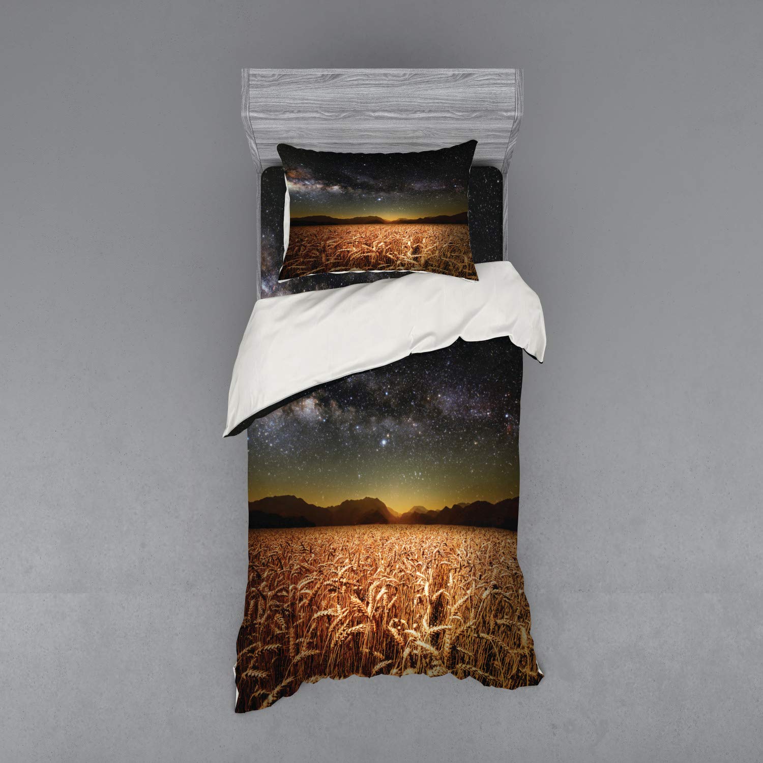 Ambesonne Space Duvet Cover Set - Wheat Field Meadow Under Star Clusters Twilight Harvest Rural Art Print | 3-Piece Bedding Set with Sham & Fitted Sheet | Twin XL Size in Tan Grey | Perfect for Astronomy Lovers' Bedrooms & Cozy Farmhouse Decor