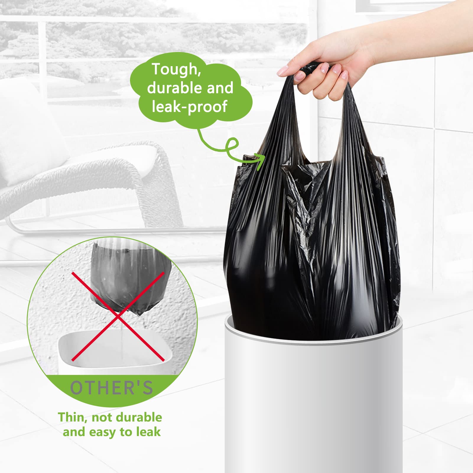 Classycoo Extra Thick 6 Gallon Trash Bags - 120 Count Leak Proof Garbage Bags | Heavy Duty Waste Bin Liners for Kitchen, Bathroom, Office & Outdoor Trash Cans - Black Rubbish Bags