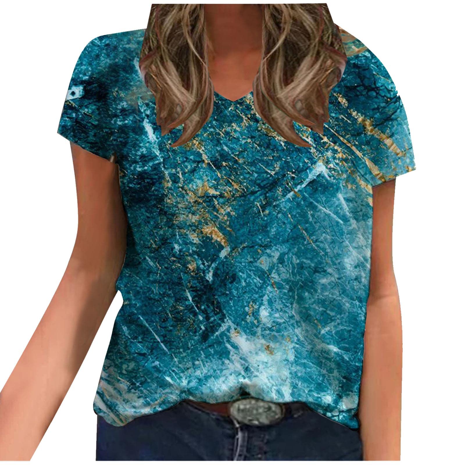 PIMOXV Women's Trendy V-Neck Graphic T-Shirt | Marble Print Casual Blouse | Short Sleeve Summer & Spring Top | Perfect for Daily Wear, Weekend Outings & Casual Events