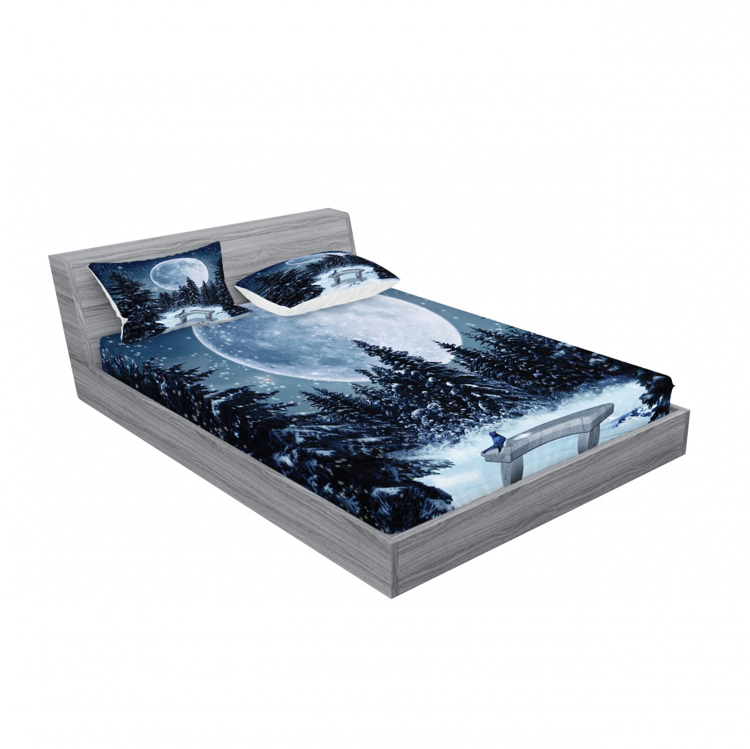 Ambesonne 2-Pack Queen Size Fitted Sheet & Pillow Sham Set - Moonlight Forest Bird Design, Blue & White 4-Piece Bedding Set (2 Fitted Sheets + 4 Pillow Covers) | Perfect for Guest Rooms, Vacation Homes & Cozy Bedroom Decor
