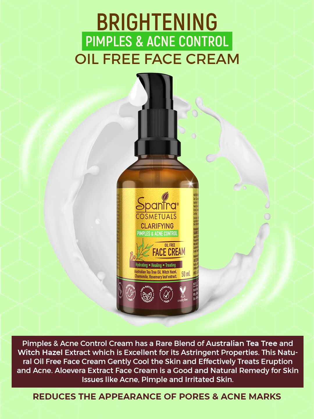 Spantra Pimple & Acne Control Face Cream - 50ml Lightweight Moisturizer for Face, Hands & Body | Non-Greasy Vitamin-Enriched Hydration Cream | Winter Skin Protection for Men & Women | Perfect for Daily Skincare & Dry Skin Relief