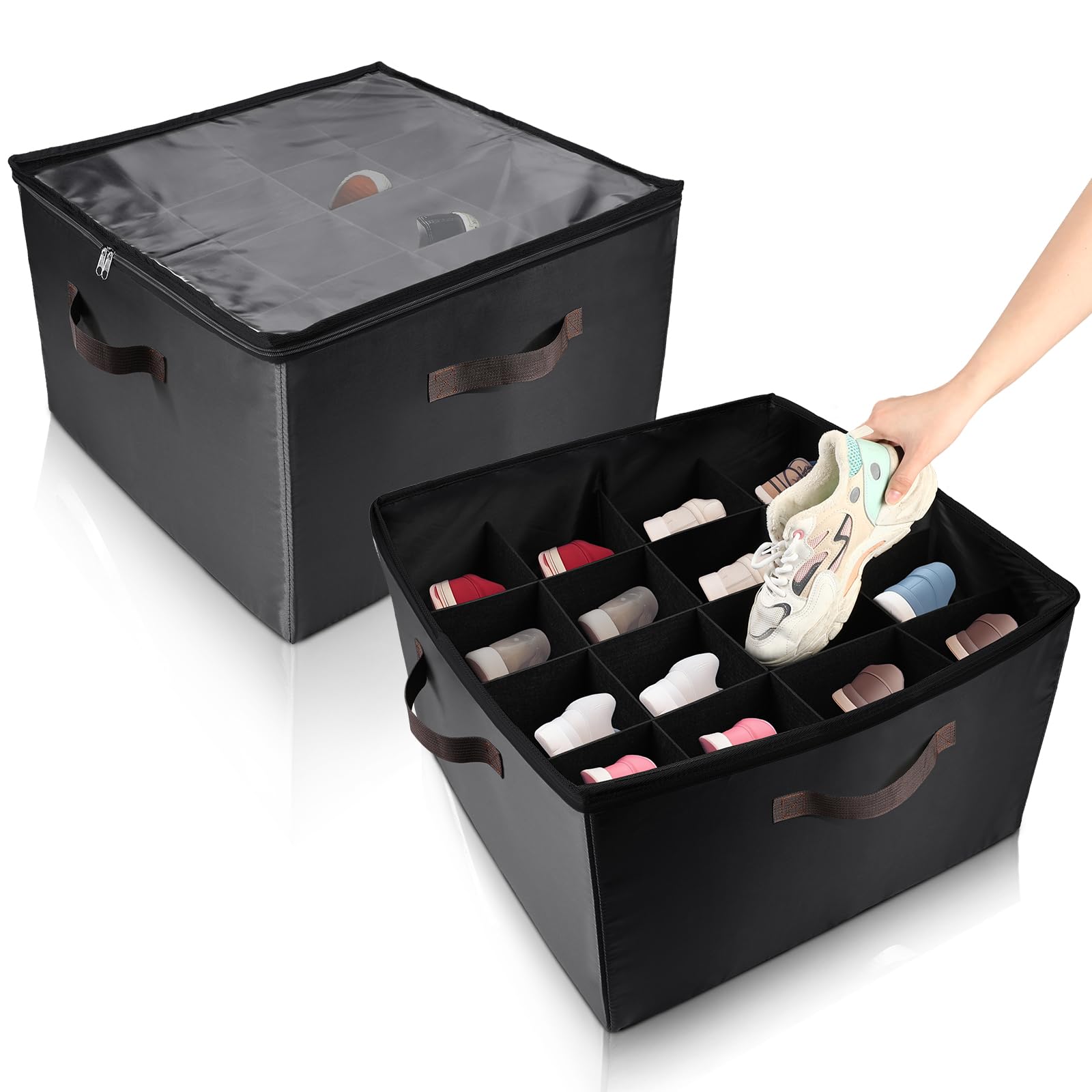 Berlune 2-Pack 40 Pair Shoe Storage Organizer - Collapsible Closet Shoe Boxes with Clear Cover & Adjustable Dividers | Space Saving Shoe Rack for Bedroom, Entryway & Closet Organization (Black)